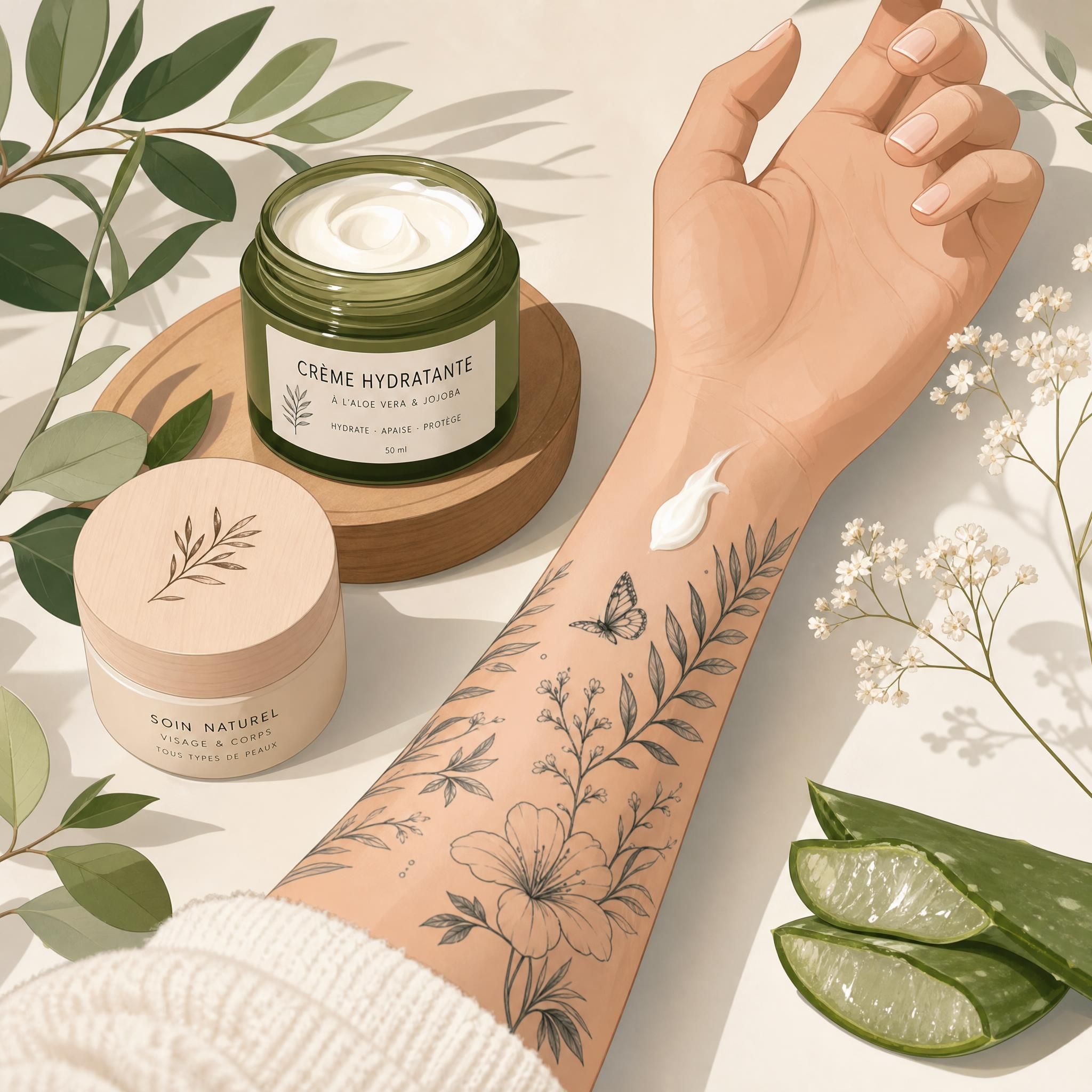Illustration illustrative et apaisante d'un bras tatoué avec des flacons de crème hydratante et des éléments naturels autour, style illustratif doux