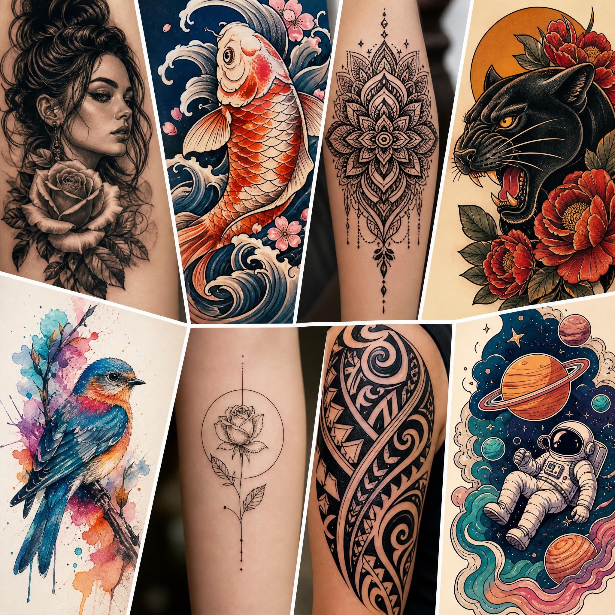 Illustration colorée représentant différents styles de tatouage disposés en mosaïque artistique, style illustratif sans texte