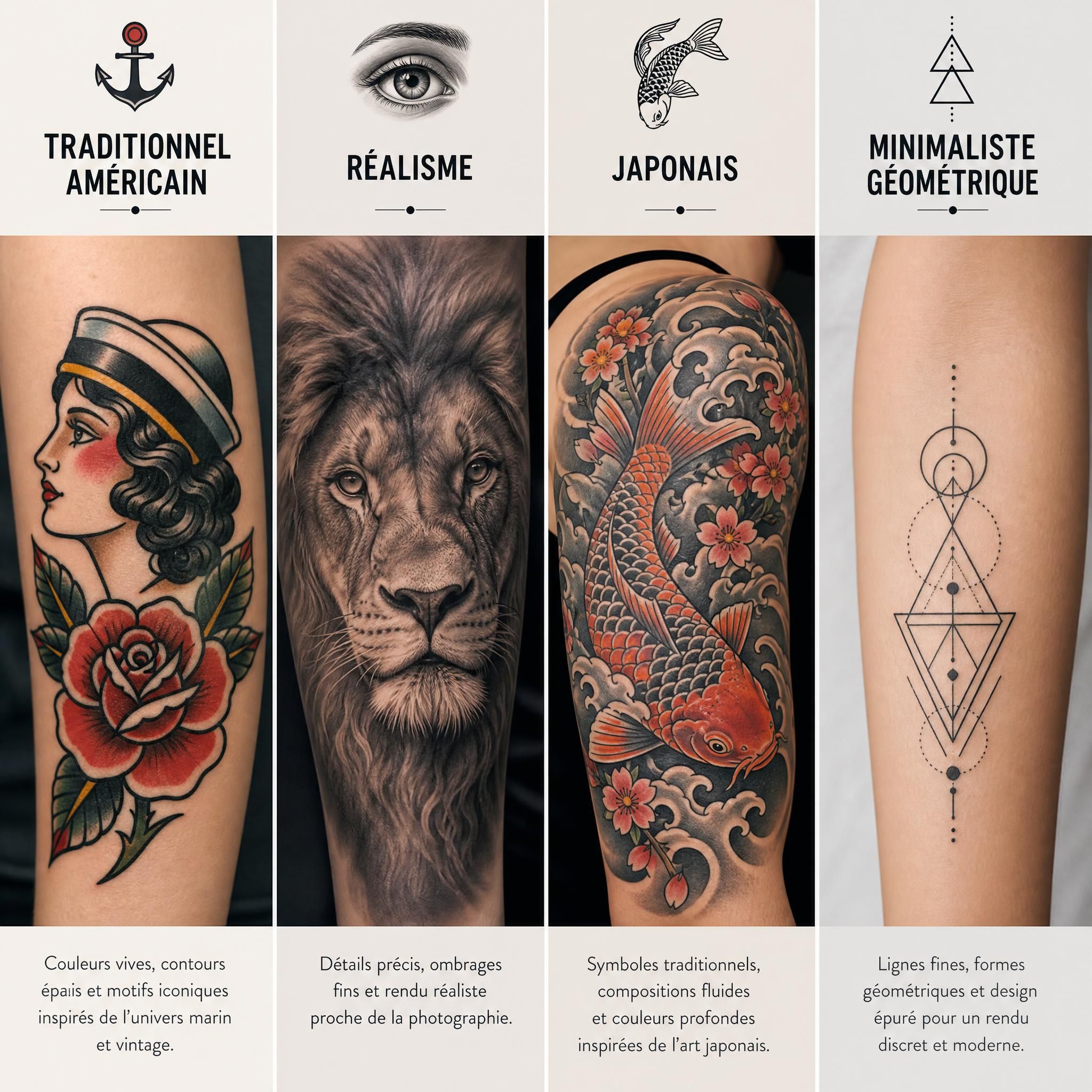 Illustration illustrative représentant quatre panneaux de styles de tatouage – traditionnel américain, réalisme, japonais et minimaliste géométrique – dans un style artistique épuré