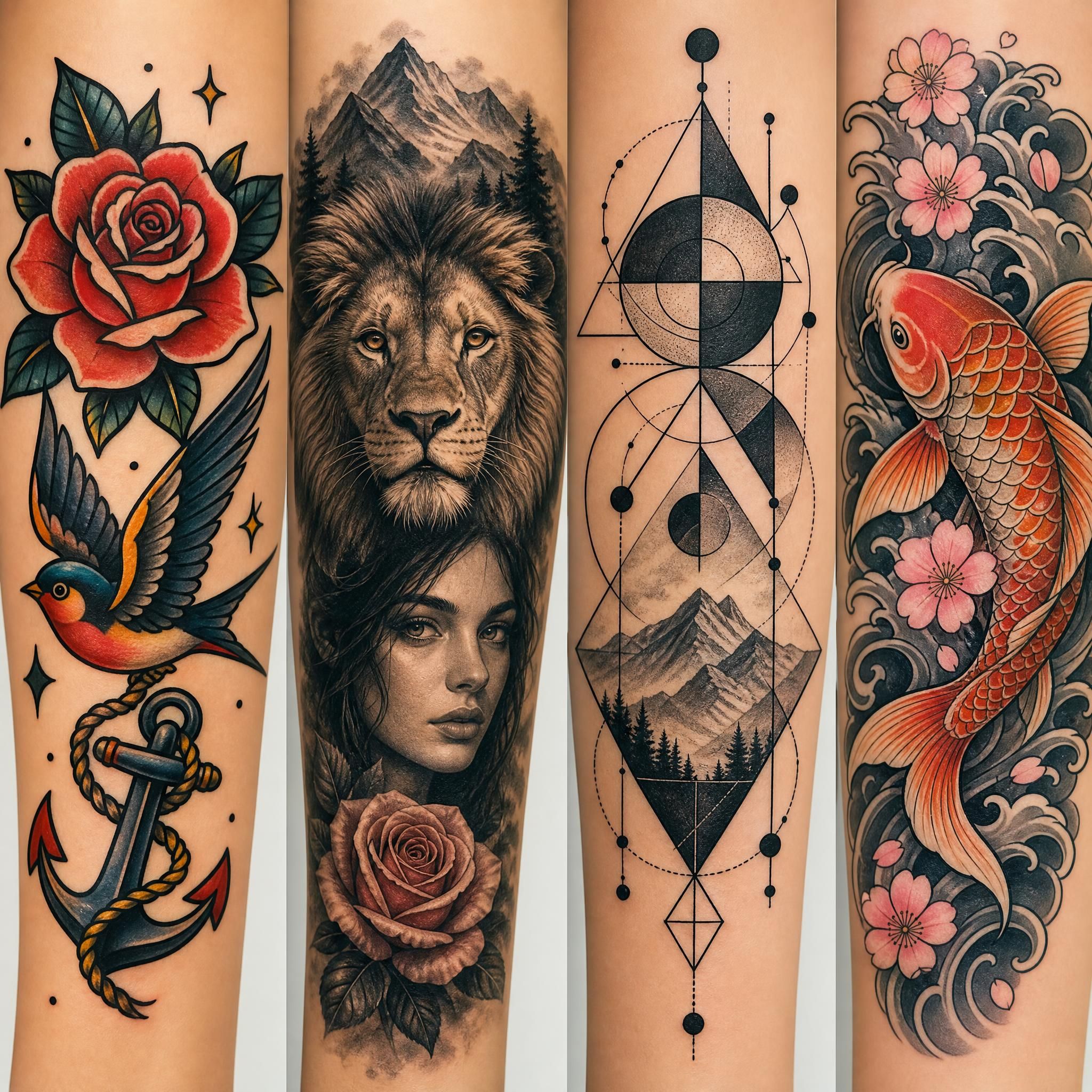 Illustration montrant différents styles de tatouage côte à côte — old school, réaliste, géométrique, japonais — style illustratif coloré sans texte