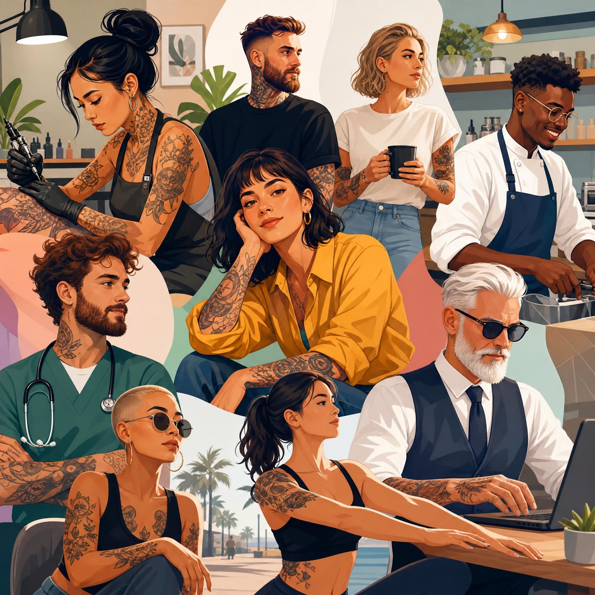 Illustration artistique représentant une diversité de personnes tatouées dans différents contextes sociaux et professionnels, style illustratif coloré sans texte