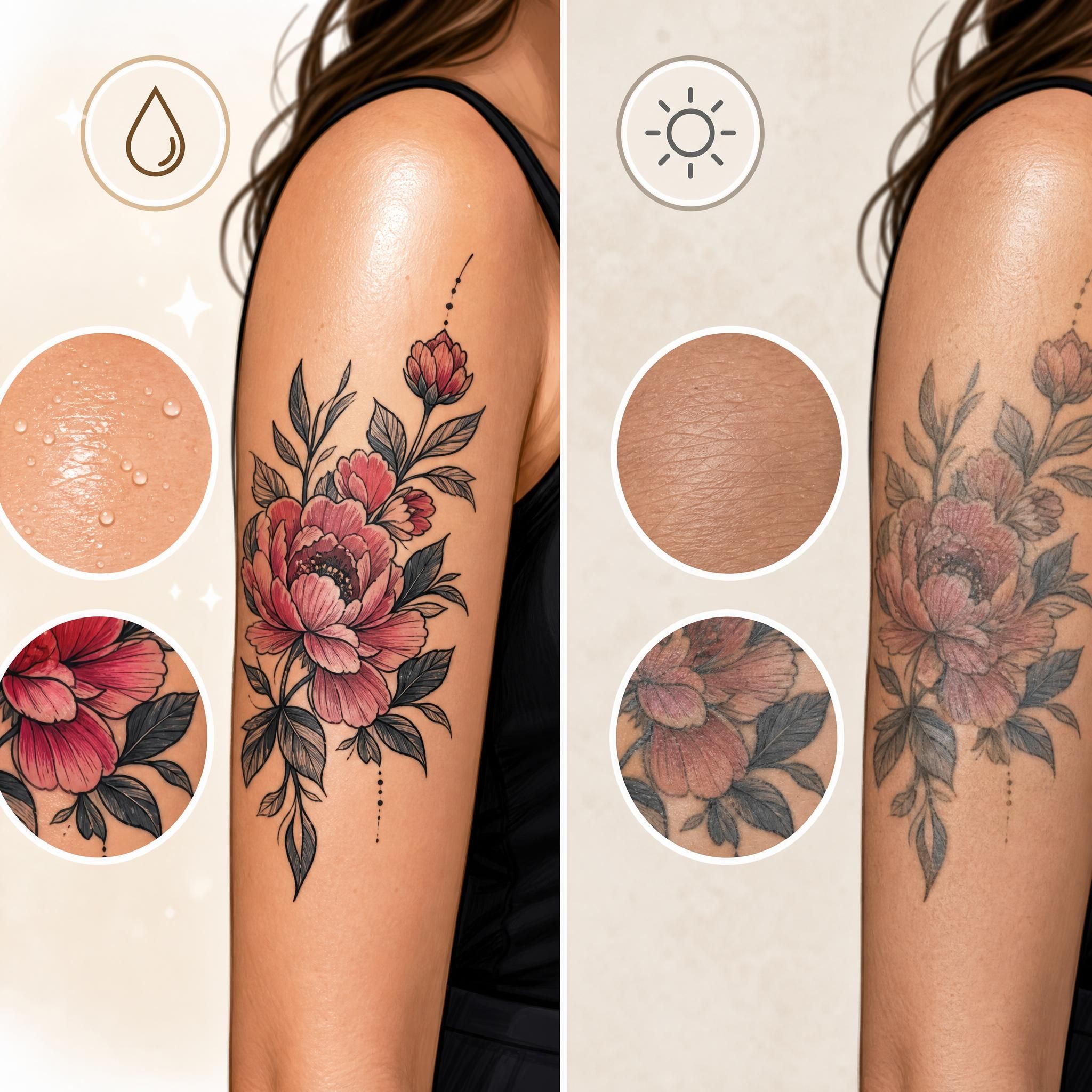 Illustration d'un tatouage bien entretenu sur une peau hydratée et lumineuse, comparé à un tatouage terne et décoloré — style illustratif pédagogique sans texte