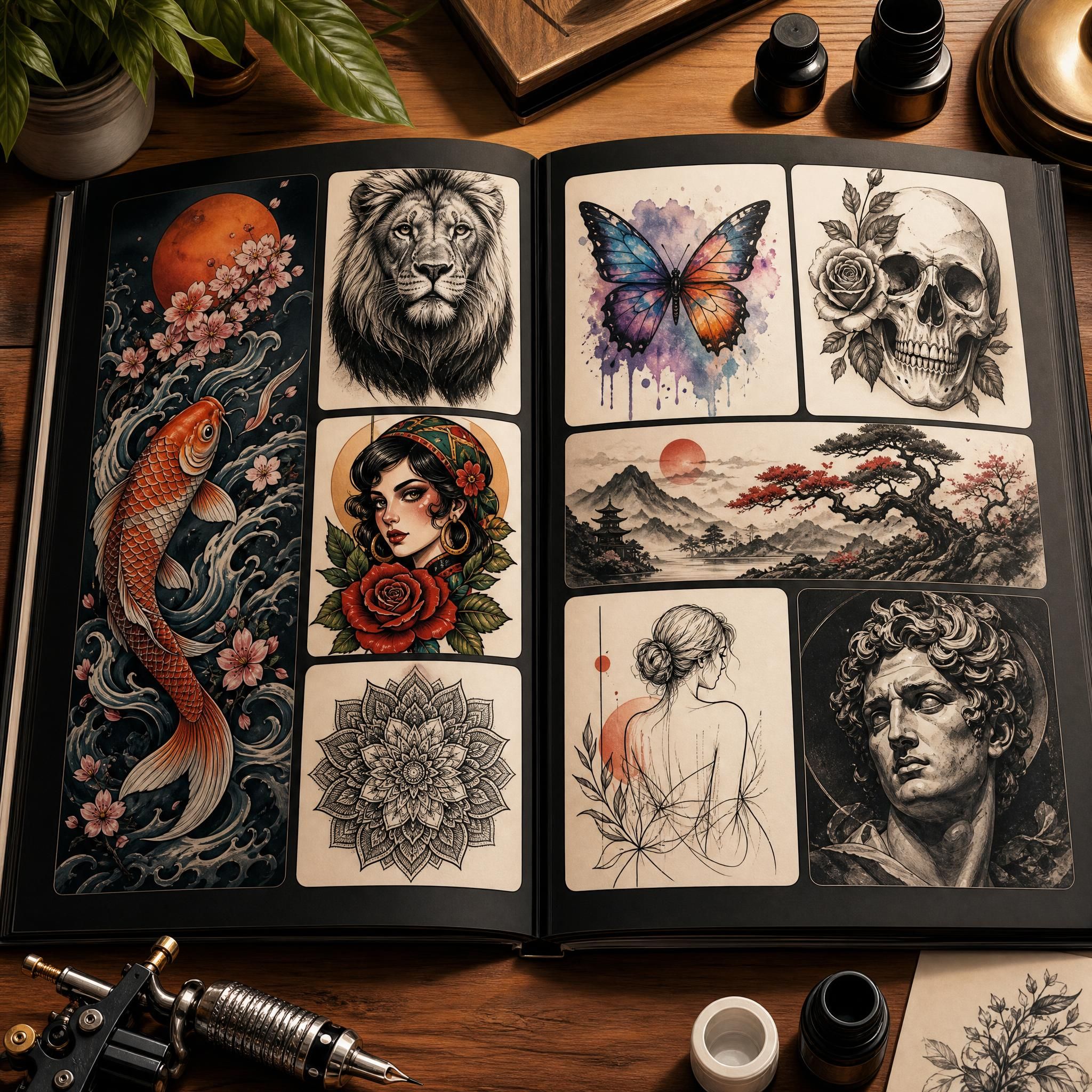 Illustration d'un portfolio de tatoueur avec différents styles artistiques présentés harmonieusement, style illustratif coloré et inspirant sans texte