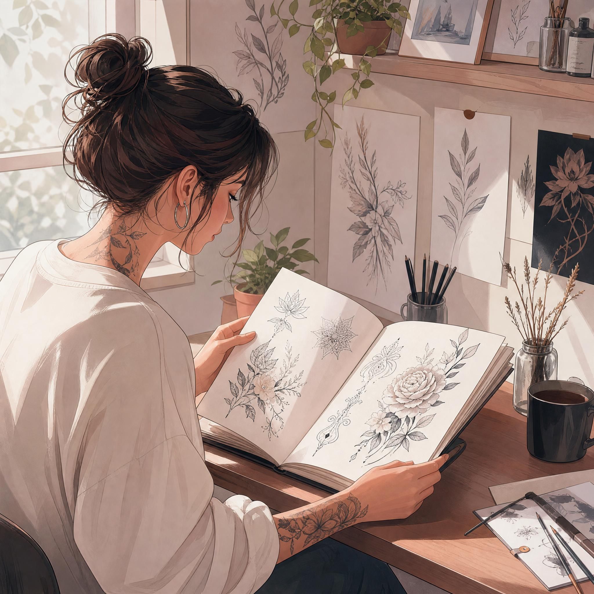 Illustration douce et inspirante d'une femme qui feuillette un carnet de croquis de tatouages, ambiance sereine et créative, style illustratif pastel sans texte