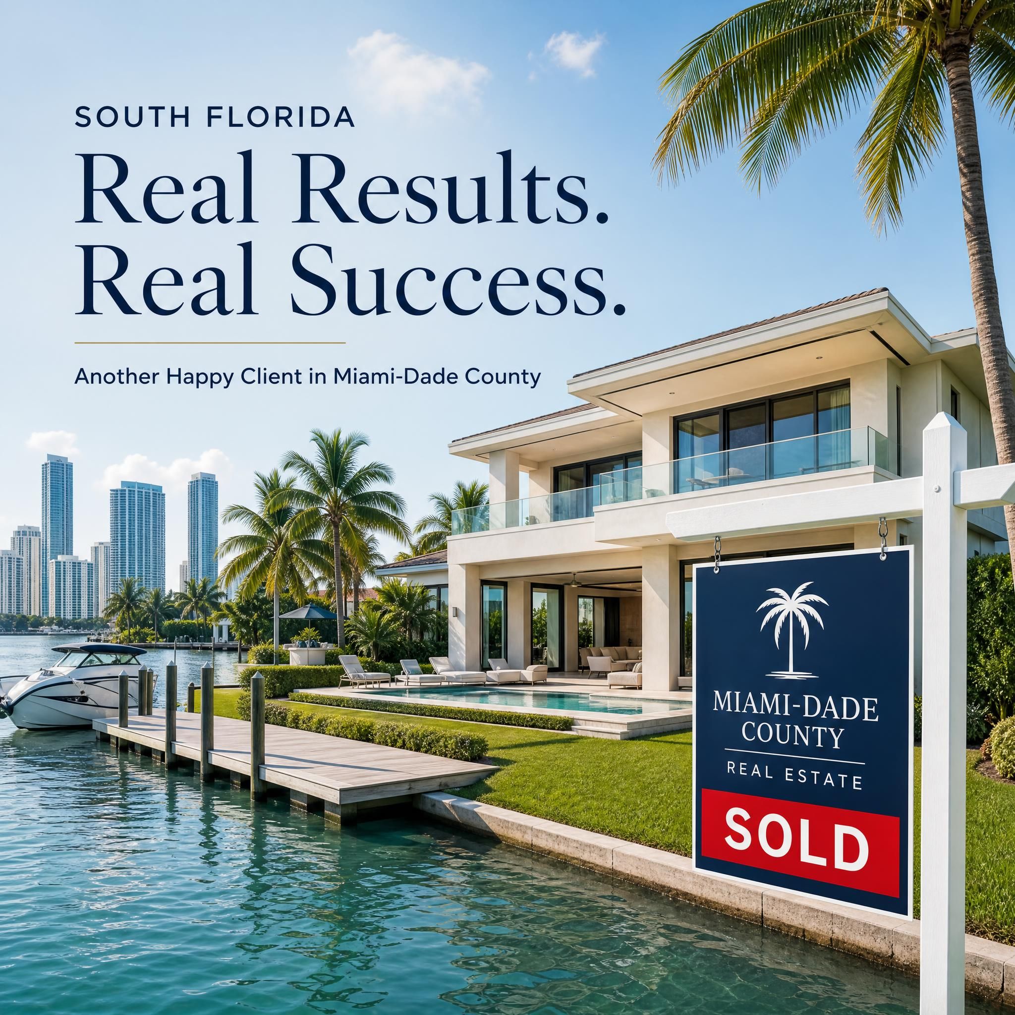 Luxury waterfront home in Miami-Dade County with sold sign, South Florida real estate success story