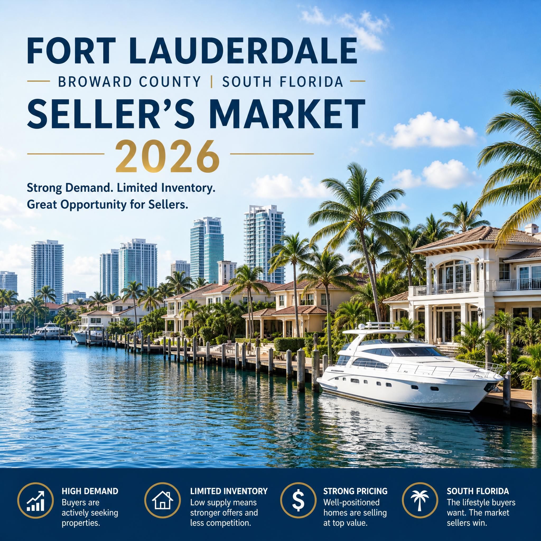 Fort Lauderdale waterfront neighborhood with luxury homes and boat docks, Broward County South Florida real estate seller's market 2026