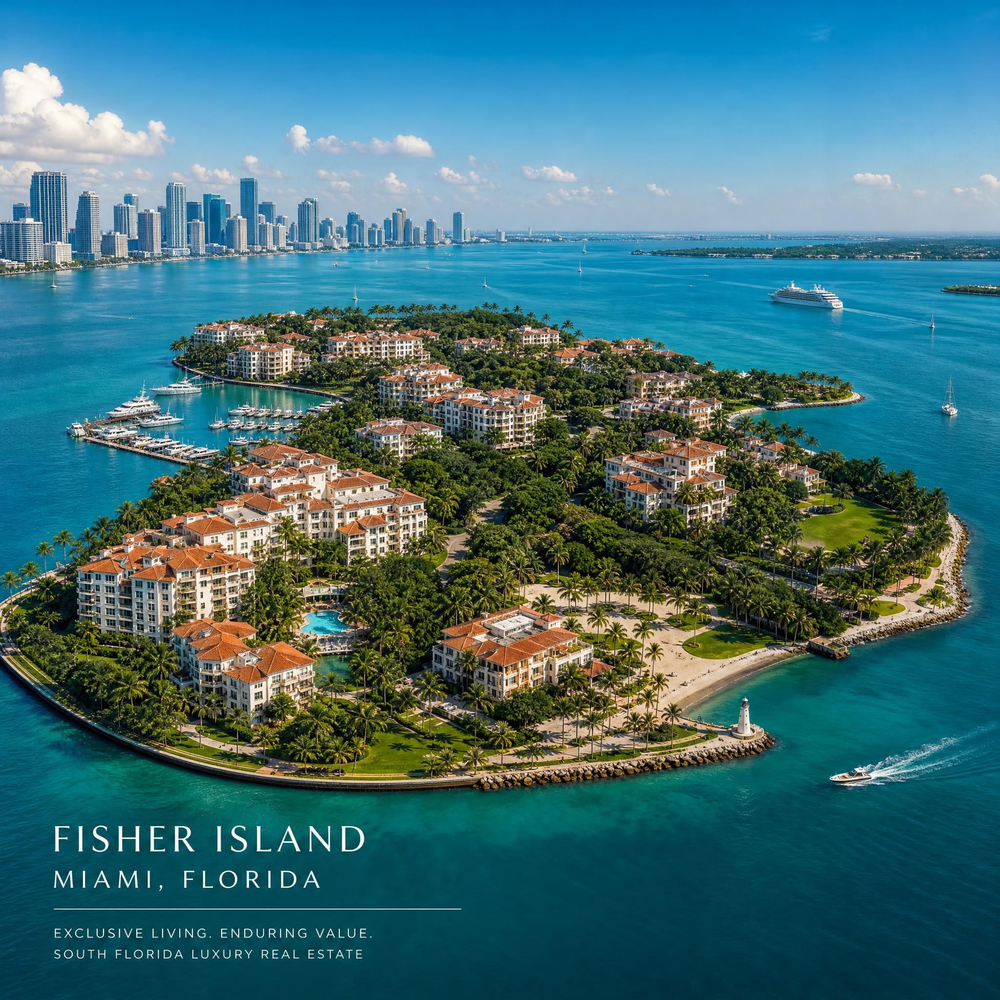 Fisher Island and Biscayne Bay aerial view from Miami-Dade County, illustrating South Florida luxury real estate and waterfront property values