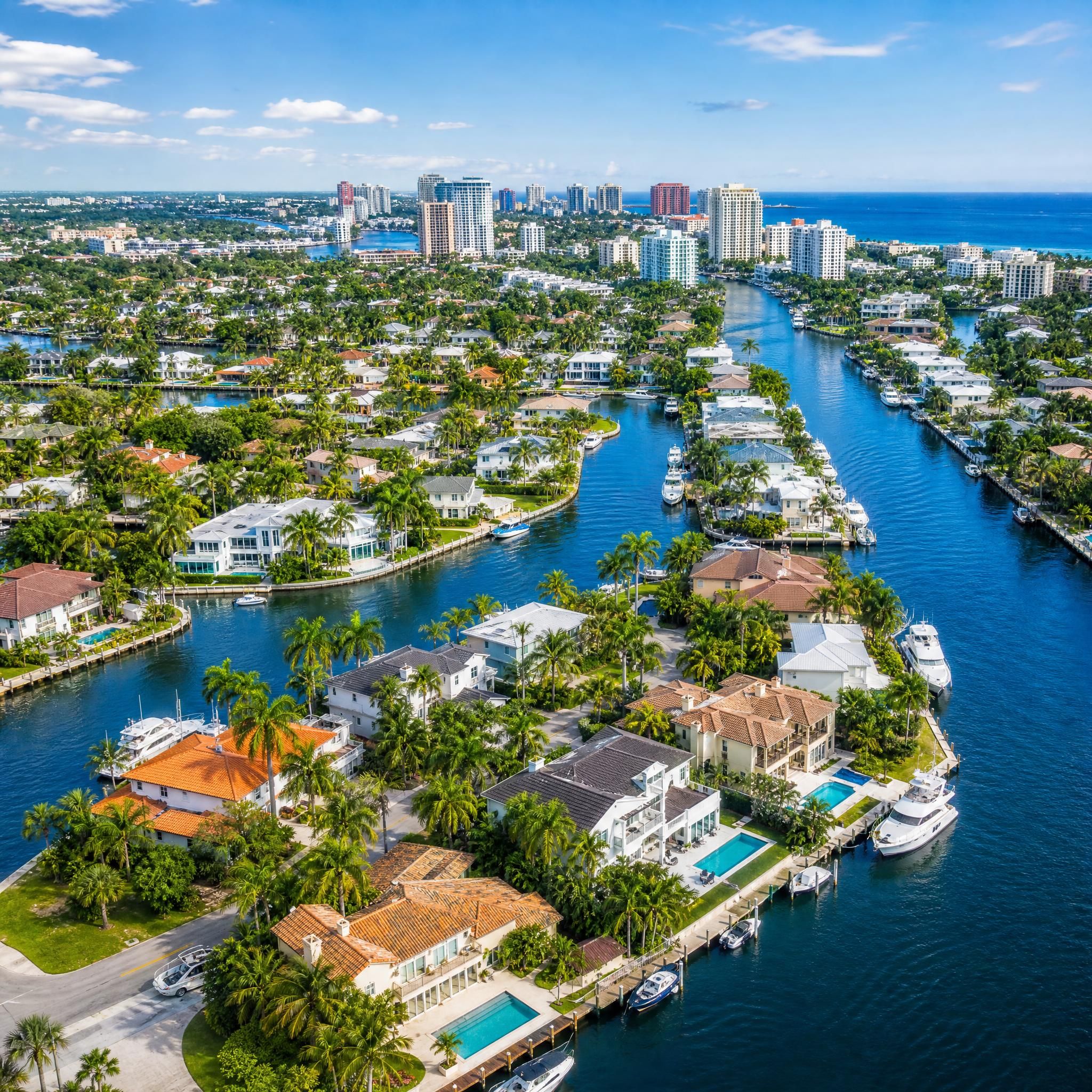 Fort Lauderdale waterfront neighborhood aerial view showing canals, boats, and homes representing Broward County real estate market diversity