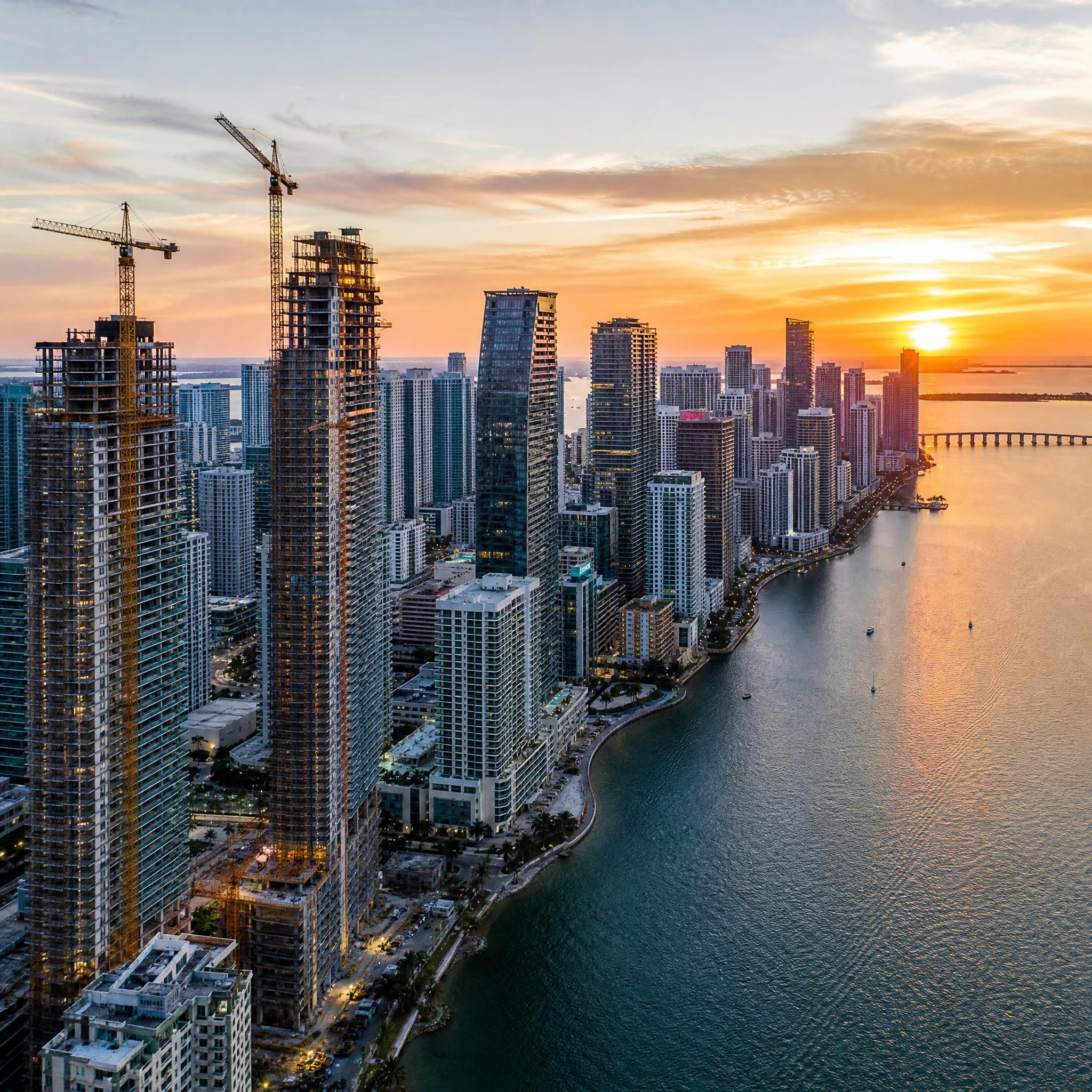 Aerial drone view of Miami's Brickell and Edgewater skyline at sunset with luxury high-rise towers under construction along Biscayne Bay