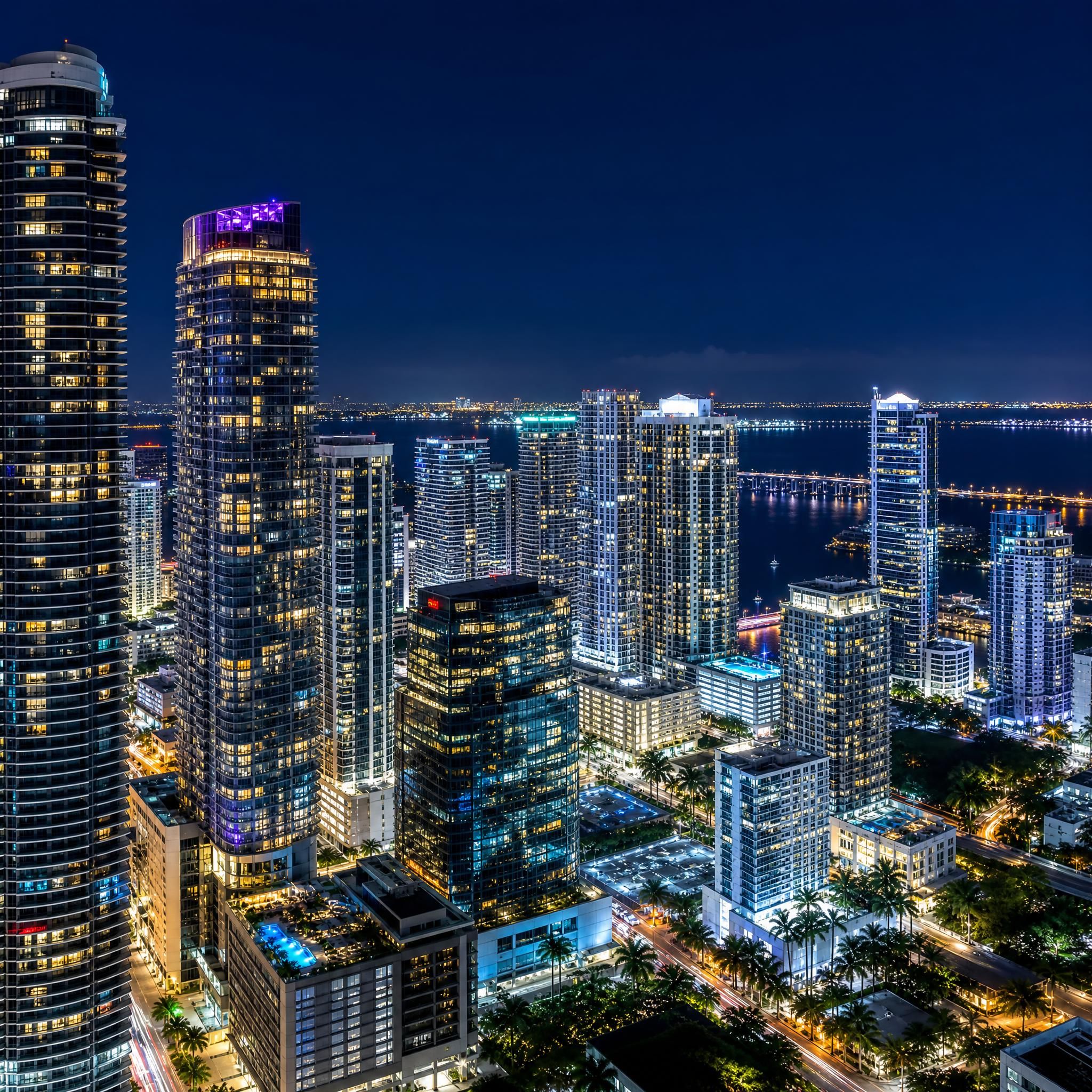Brickell Avenue luxury high-rise towers at night with glowing city lights and Biscayne Bay in the background