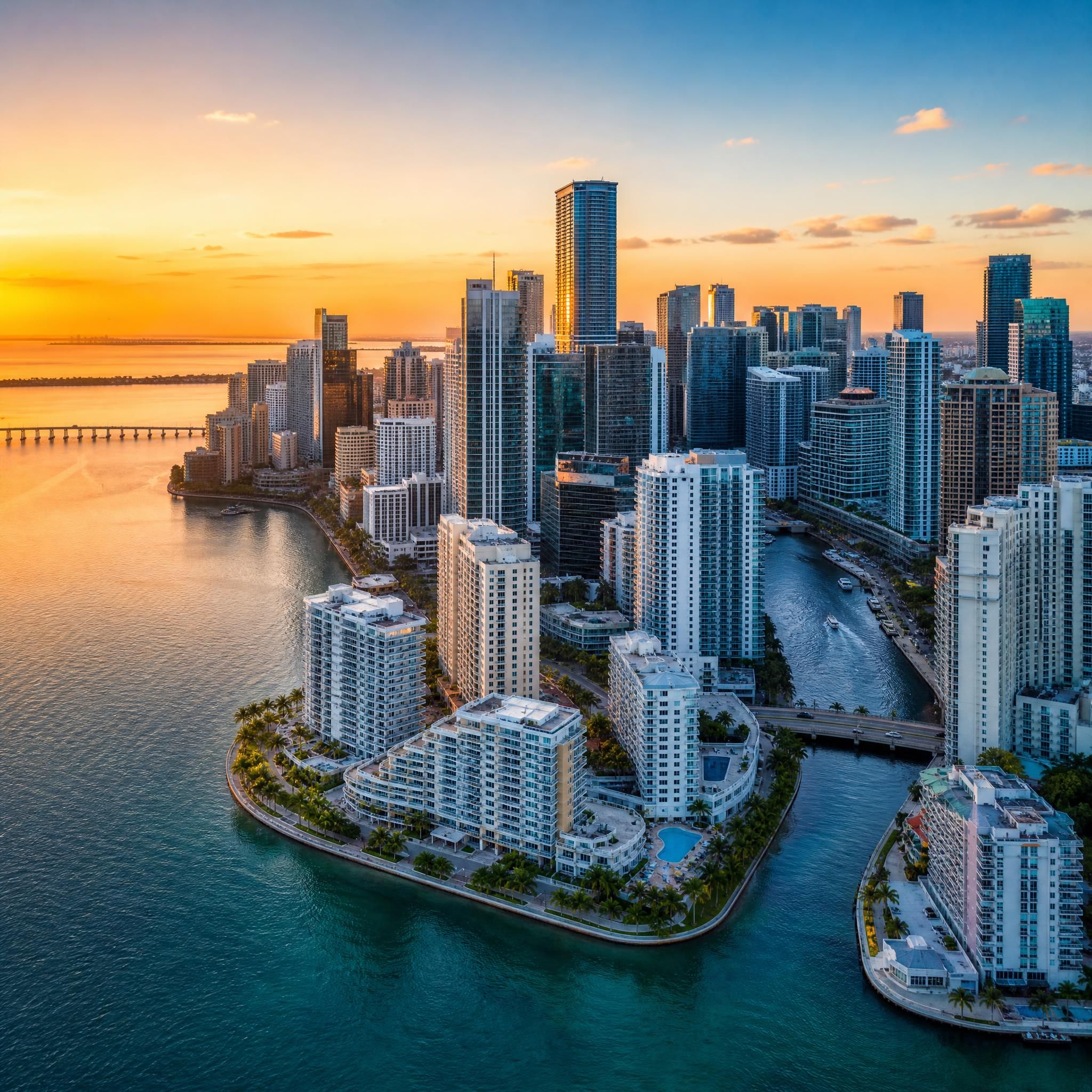 Aerial view of Miami's Brickell skyline and waterfront luxury high-rise towers at golden hour