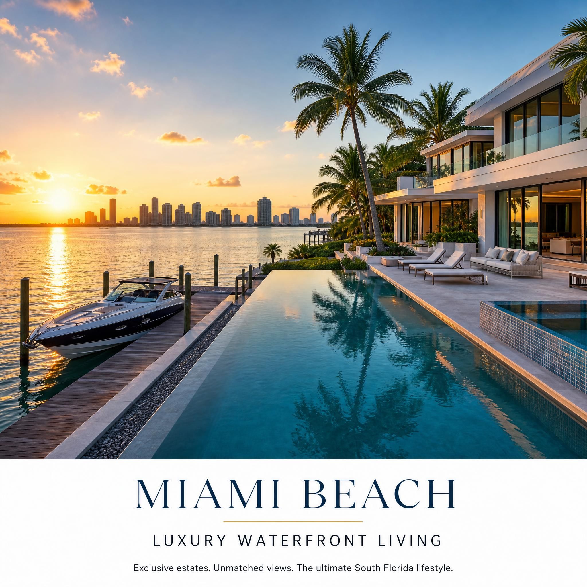 Luxury waterfront estate on Miami Beach with private dock, infinity pool, and panoramic views of Biscayne Bay at golden hour