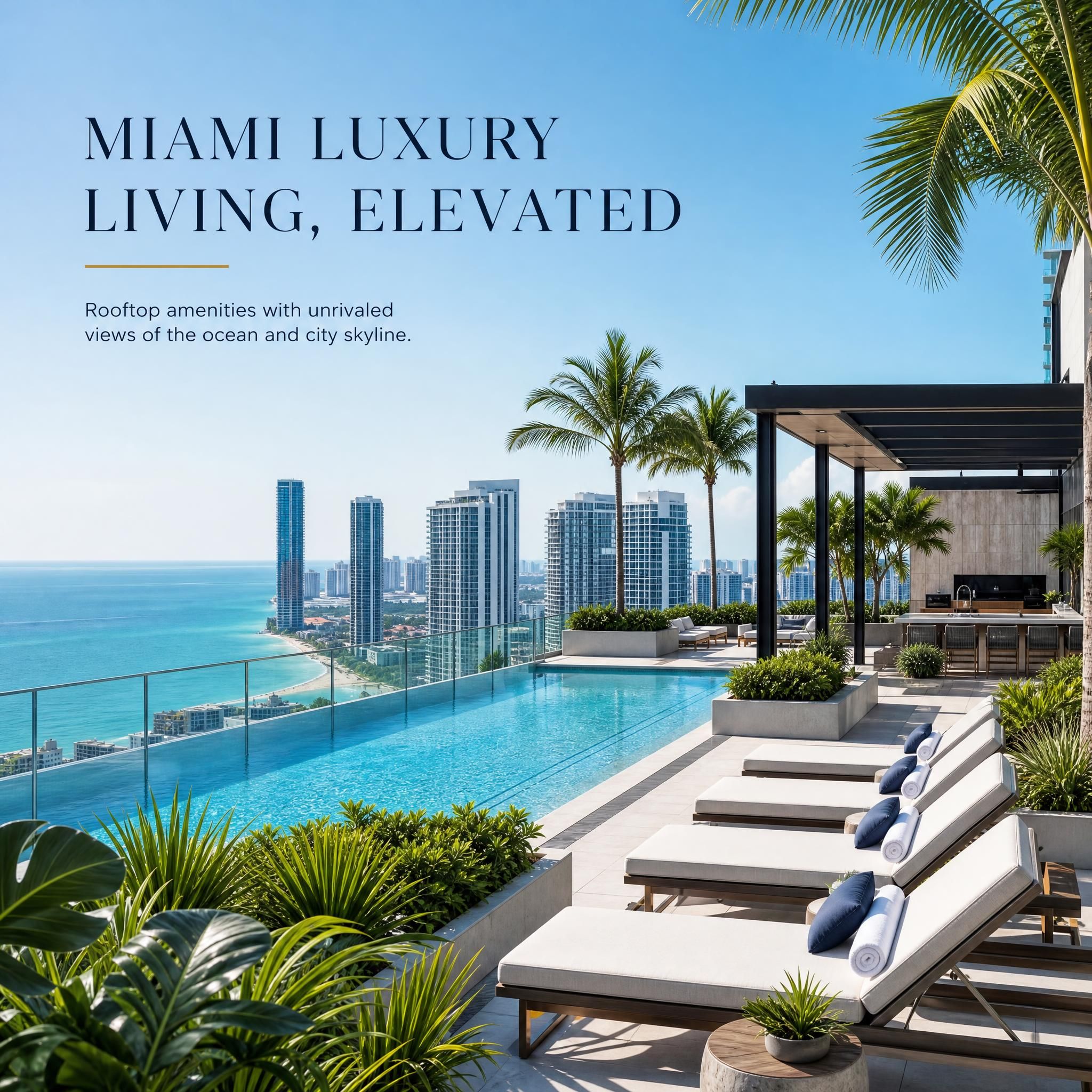 Rooftop pool and amenity deck of a Miami luxury high-rise with panoramic ocean views, lounge chairs, and lush landscaping