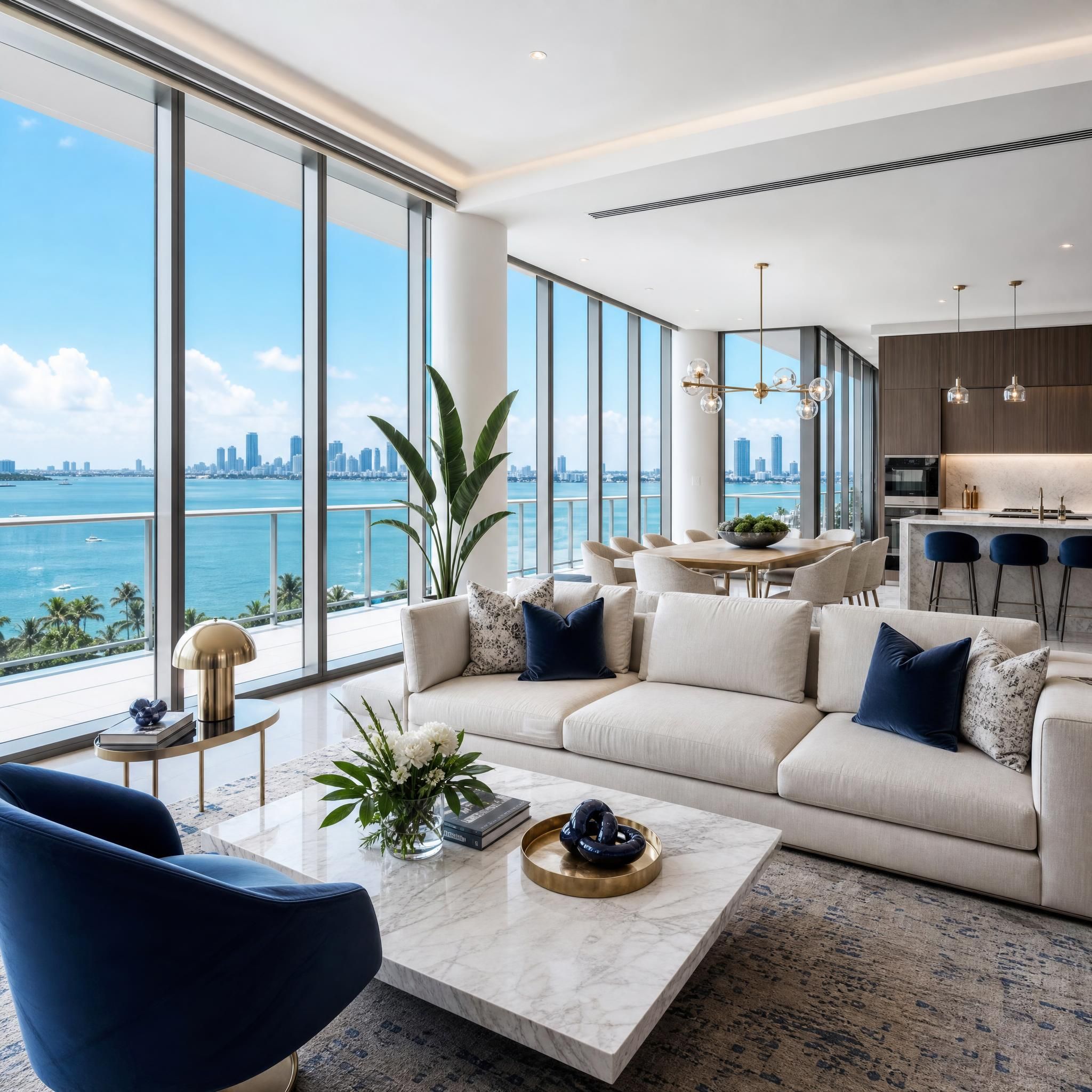 Luxury waterfront condo interior with floor-to-ceiling windows overlooking Biscayne Bay, featuring open-concept living space with designer furnishings