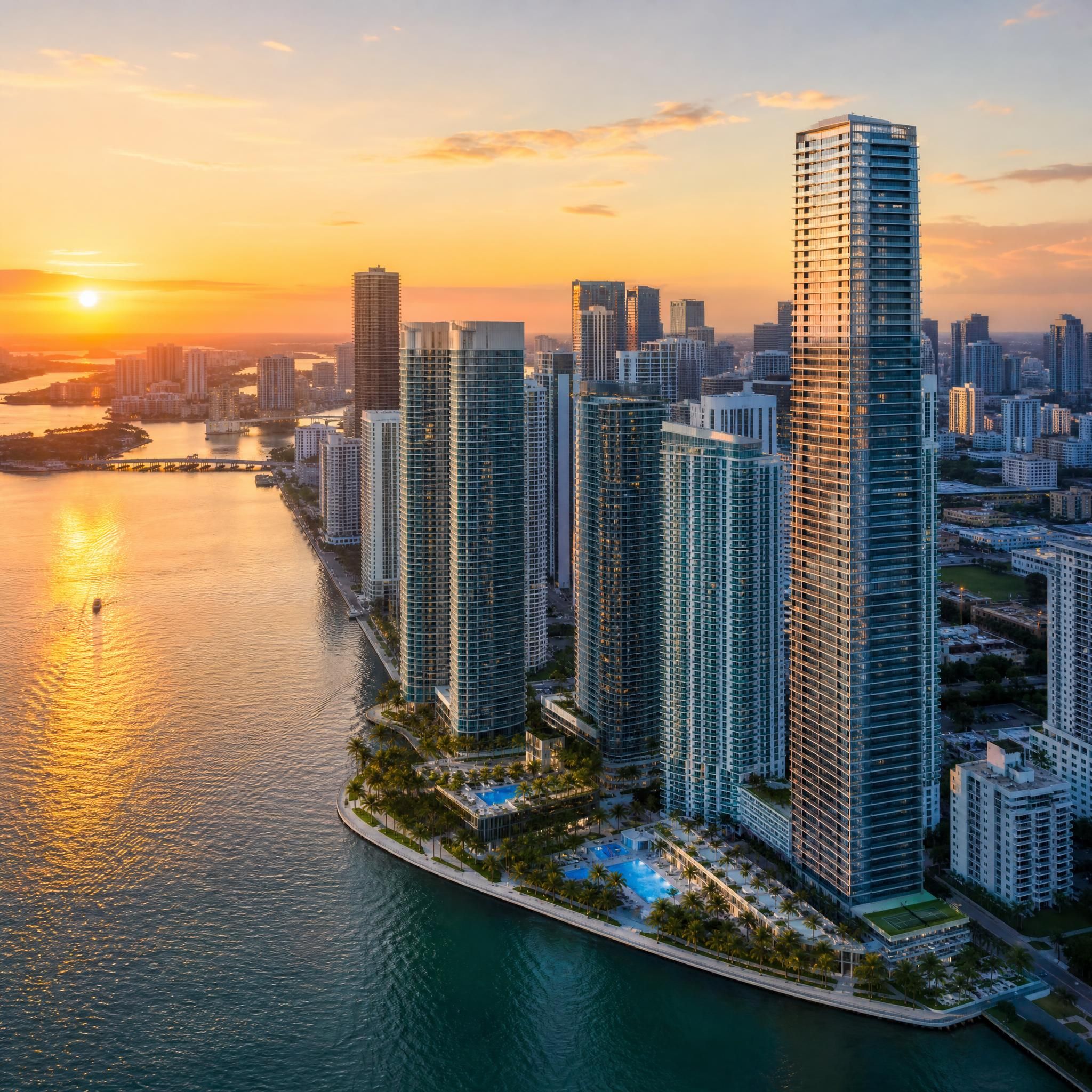 Aerial drone view of Miami's Brickell and Edgewater luxury waterfront skyline at sunset, showcasing new construction high-rise towers along Biscayne Bay