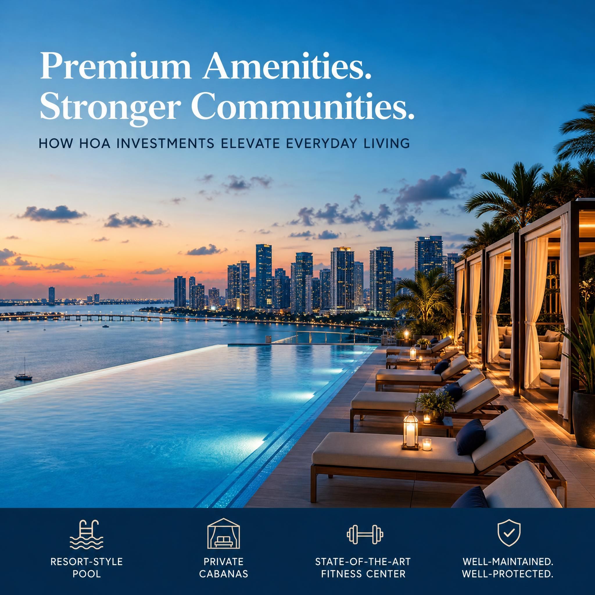 Rooftop infinity pool overlooking Miami's Biscayne Bay at dusk, with luxury amenity deck, cabanas, and city skyline backdrop representing premium HOA-funded amenities