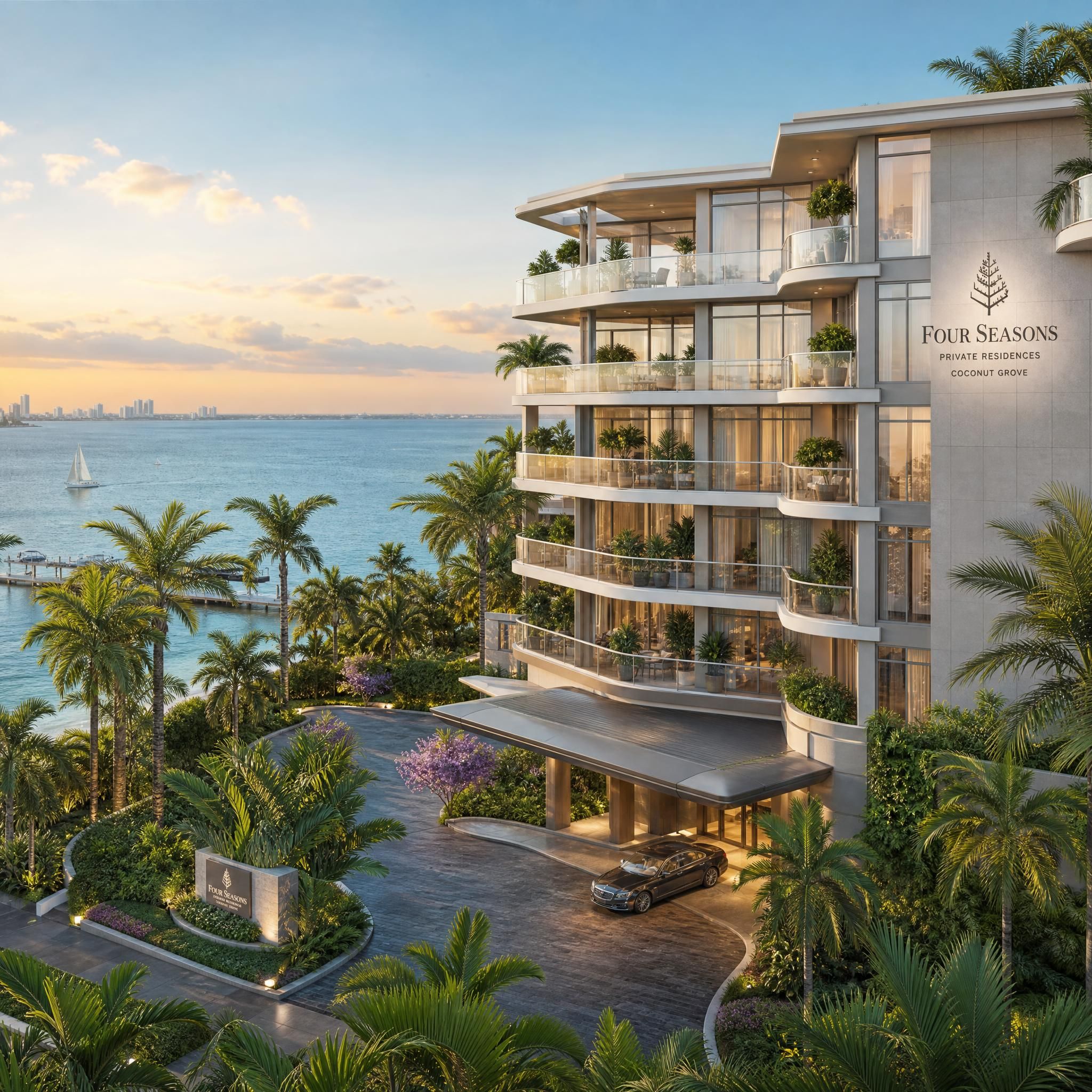 Rendering of Four Seasons Private Residences Coconut Grove exterior at waterfront with lush tropical landscaping and Biscayne Bay in background