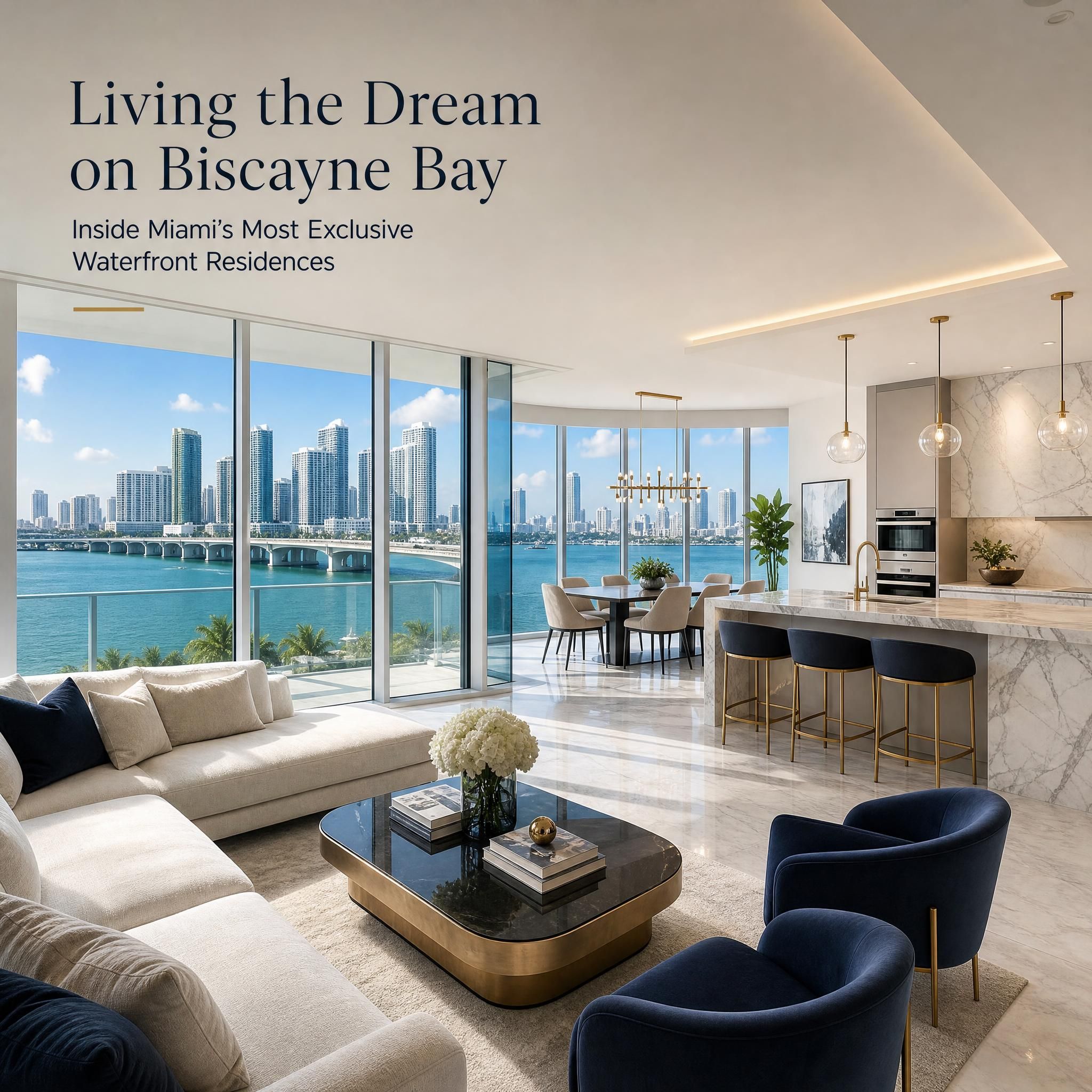 Luxury waterfront condo interior with floor-to-ceiling windows overlooking Biscayne Bay, showcasing open-plan living with marble finishes