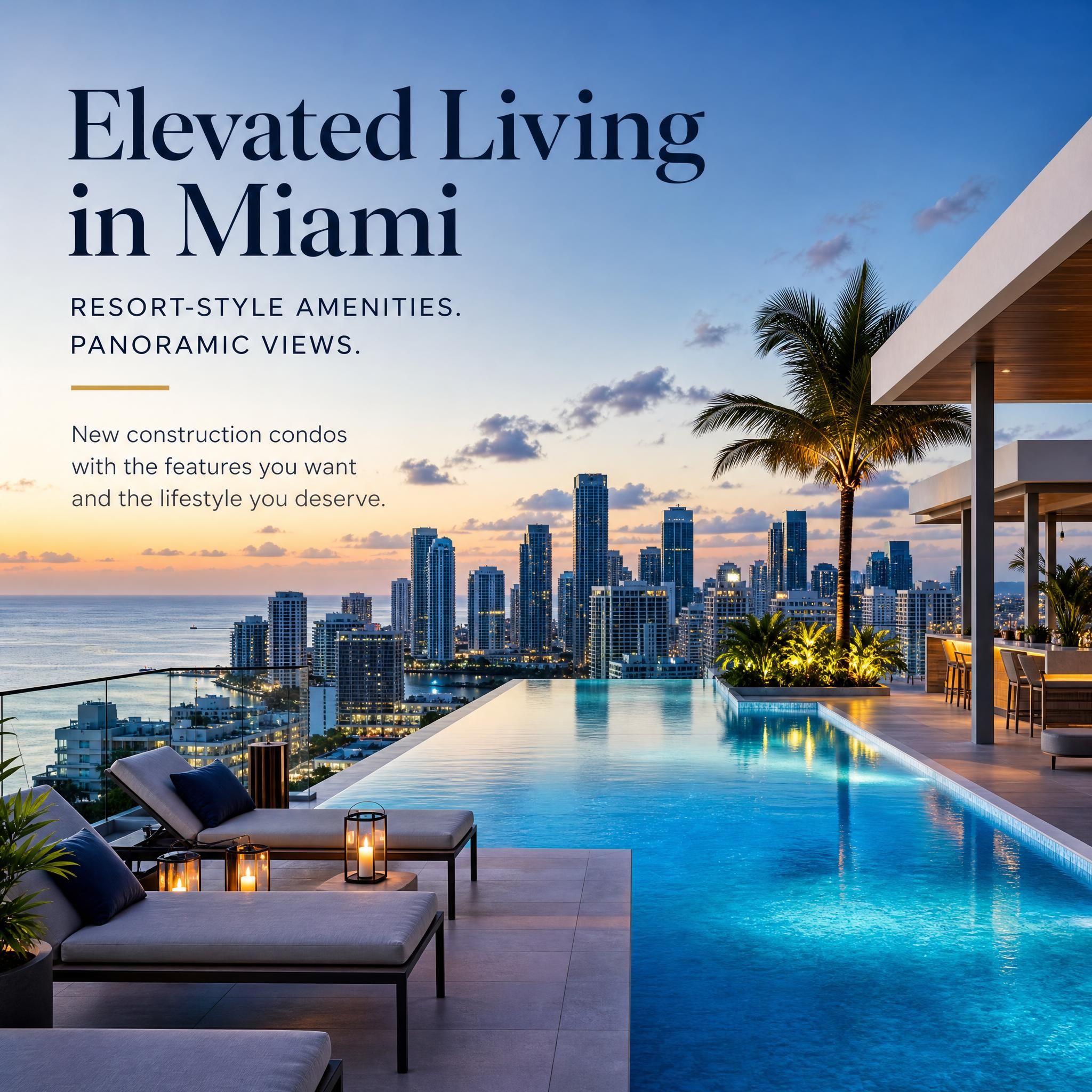 Luxury rooftop pool with panoramic Miami skyline and ocean views at dusk, representing resort-style amenities in new construction condos