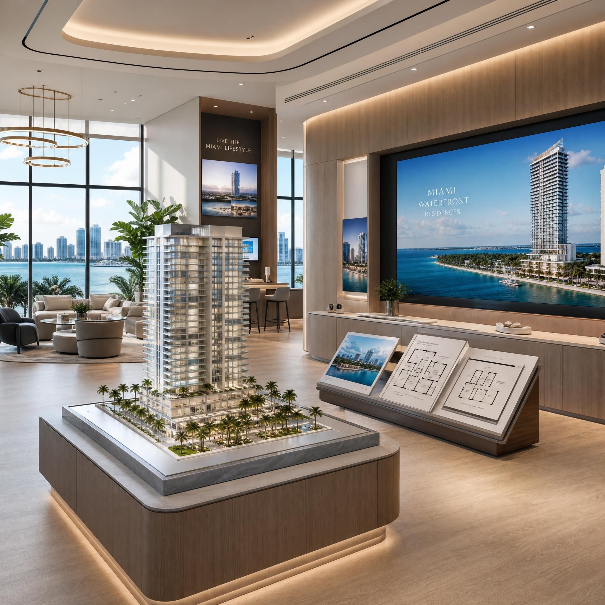 Modern luxury condo sales gallery interior in Miami with architectural scale models, floor plan displays, and ocean view renderings on screen