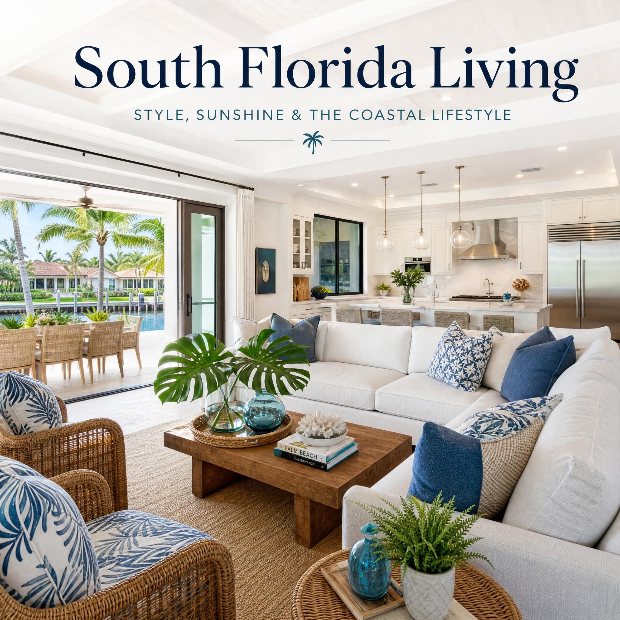 Beautifully staged South Florida living room with coastal decor, natural light, and open floor plan showcasing tropical lifestyle appeal