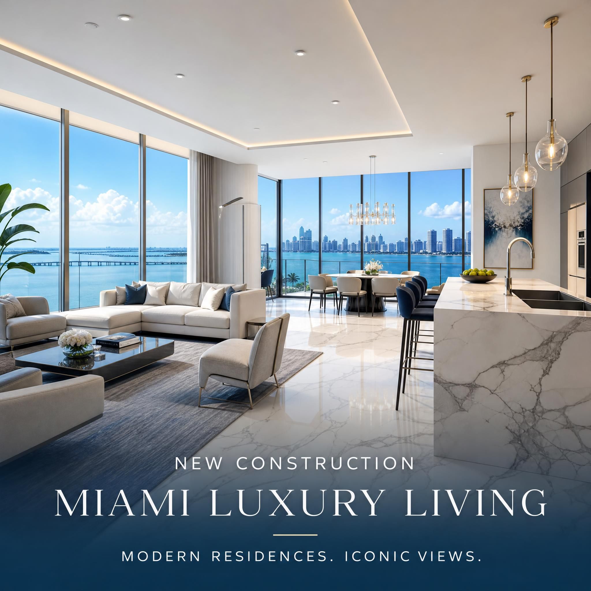 Luxury Miami condo interior with floor-to-ceiling windows, open-concept living space, Italian marble finishes, and panoramic Biscayne Bay views representing new construction quality
