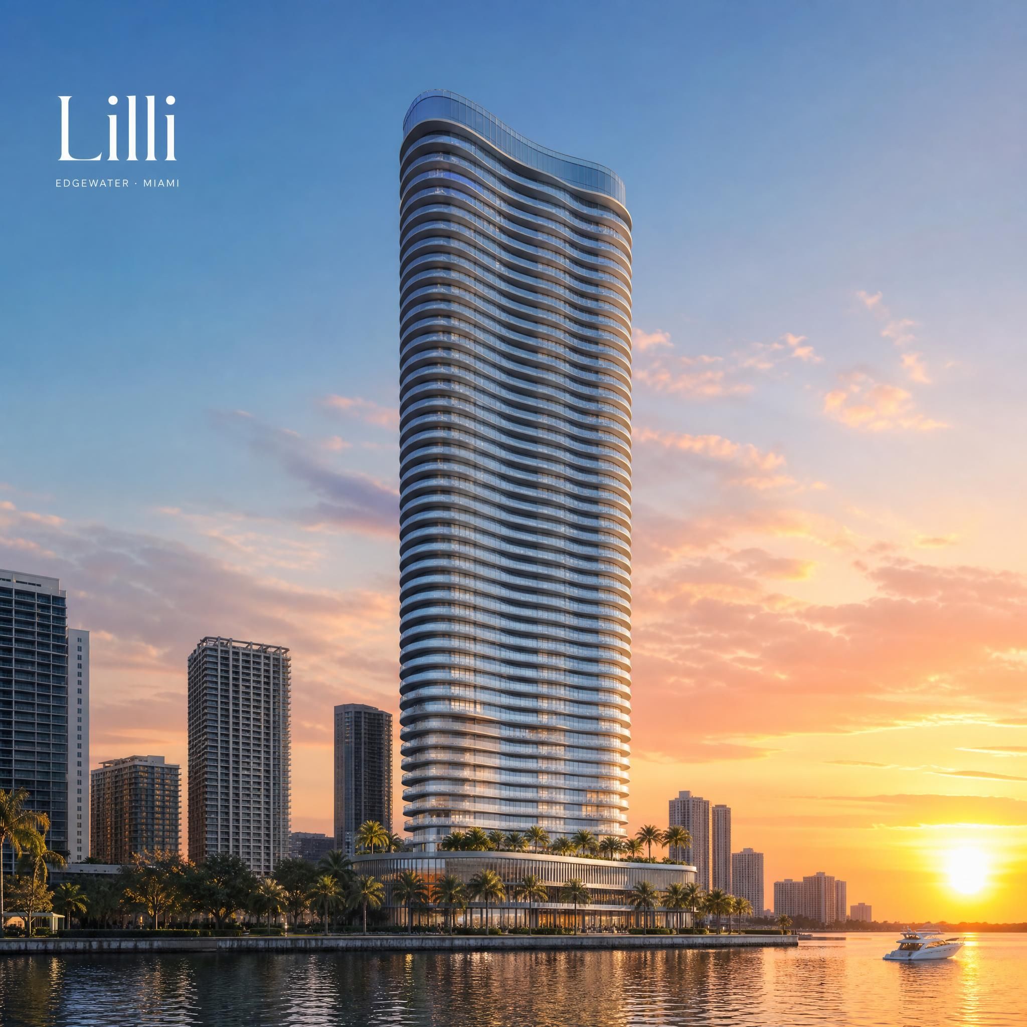 Rendering of Lilli tower in Edgewater Miami, sinuous 53-story glass tower rising from Biscayne Bay waterfront with sunset backdrop