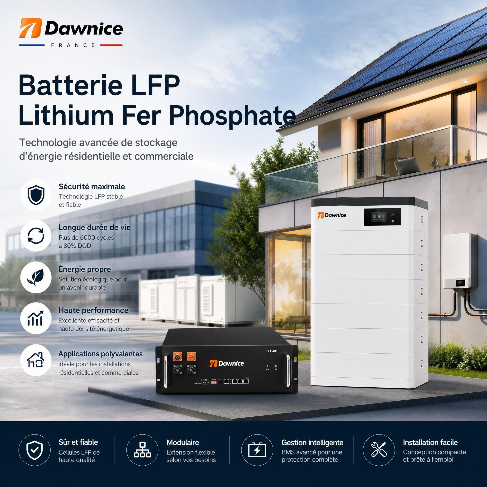 Batterie LFP lithium fer phosphate Dawnice France - technologie avancée de stockage d'énergie résidentielle et commerciale