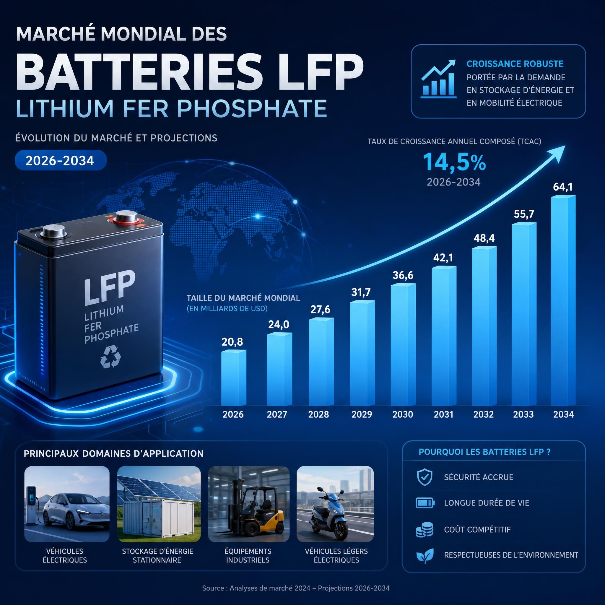 Graphique futuriste représentant l'évolution du marché mondial des batteries LFP lithium fer phosphate avec des projections 2026-2034, fond technologique bleu