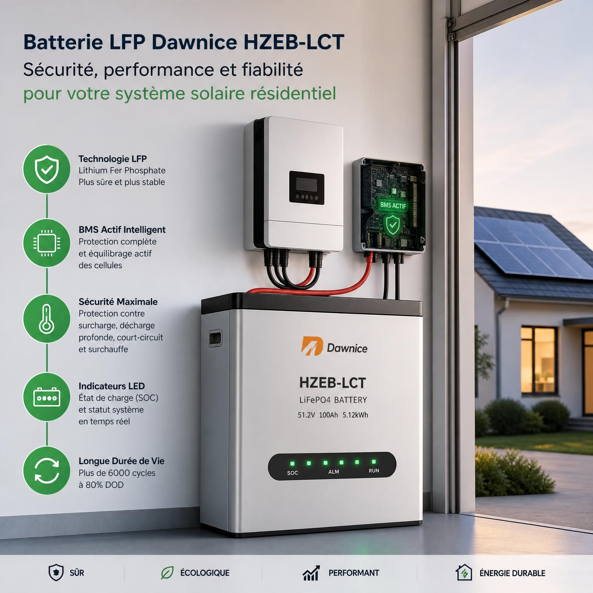 Batterie LFP Dawnice HZEB-LCT installée dans un système solaire résidentiel avec BMS actif et indicateurs LED verts — sécurité batterie lithium fer phosphate
