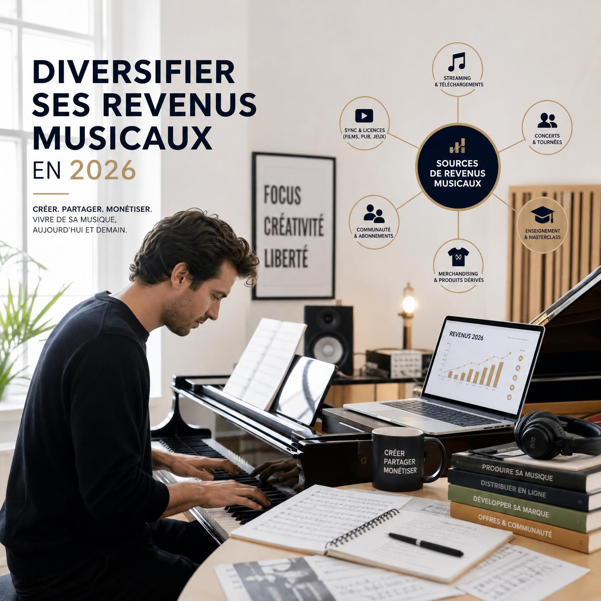 Musicien professionnel au piano dans un studio lumineux, entouré de partitions et d'un ordinateur, illustrant la diversification des revenus musicaux en 2026