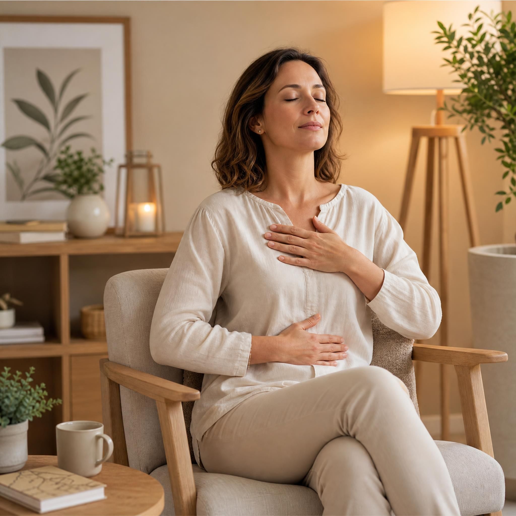 Femme d'environ 40 ans, yeux fermés, visage serein, assise dans un fauteuil confortable, pratiquant un exercice de respiration profonde dans un espace intérieur chaleureux aux tons beige et bois clair