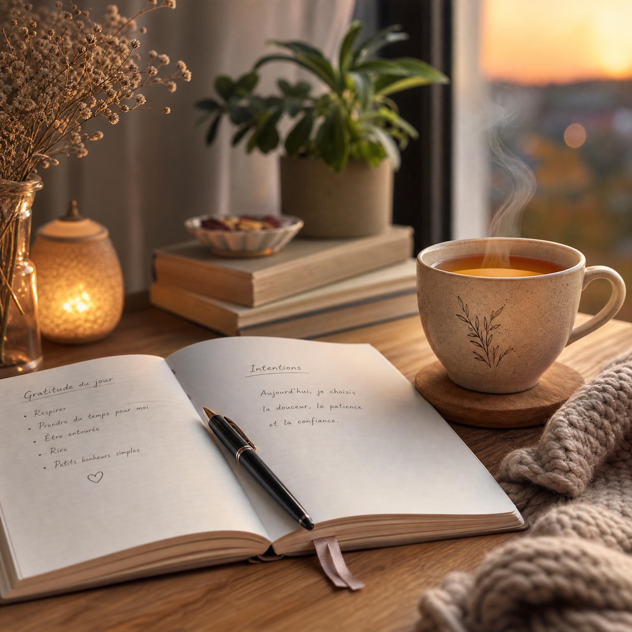 Carnet ouvert avec stylo posé dessus, tasse de tisane fumante à côté, lumière douce du soir, ambiance cosy et introspective pour illustrer un rituel de bien-être quotidien