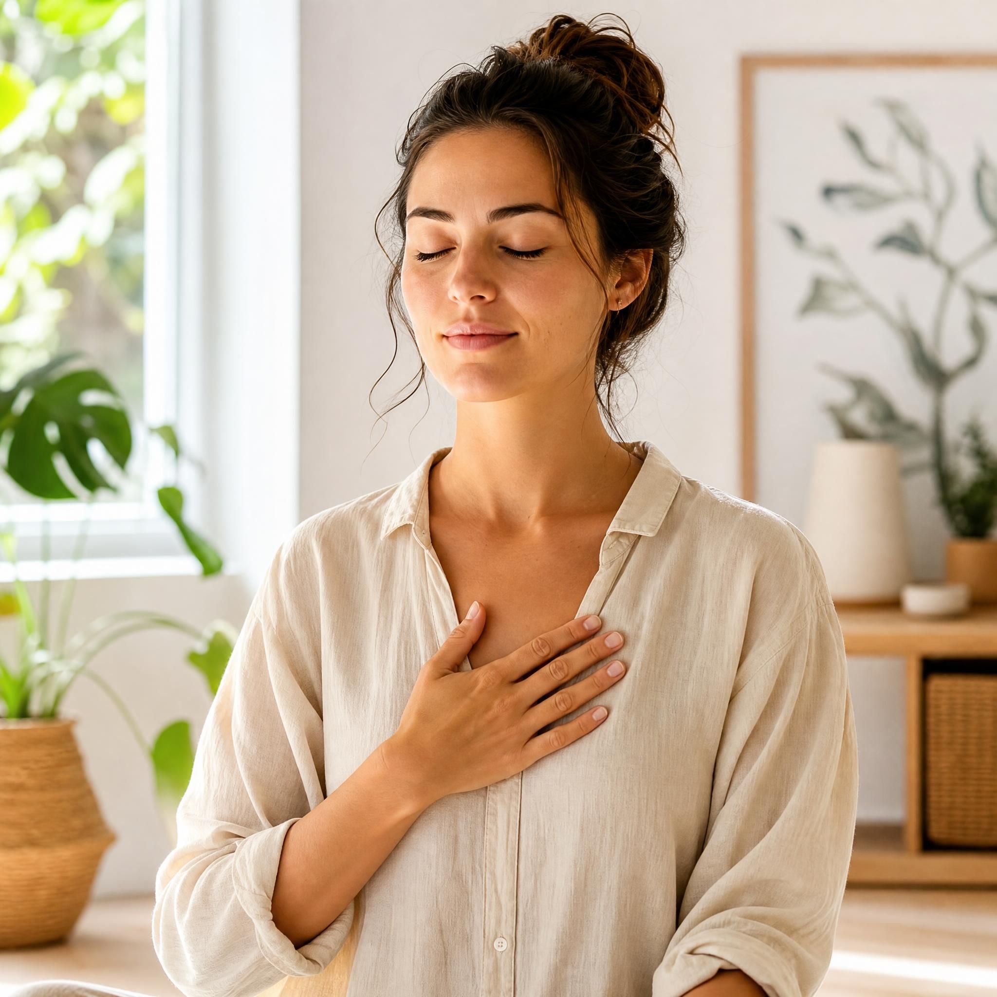 Femme posant une main sur sa poitrine, regard intérieur, expression sereine et concentrée, dans un espace lumineux et apaisant — illustration de la connexion corps-émotion