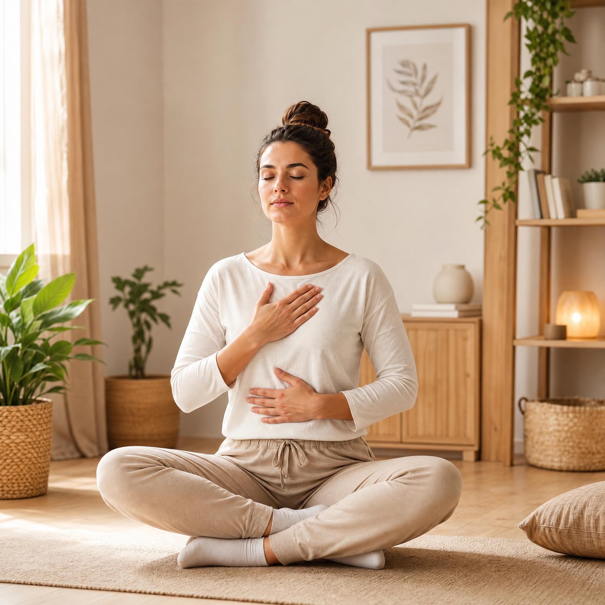 Femme sereine pratiquant un exercice de respiration profonde dans un espace intérieur chaleureux aux tons beige et bois clair, lumière naturelle douce