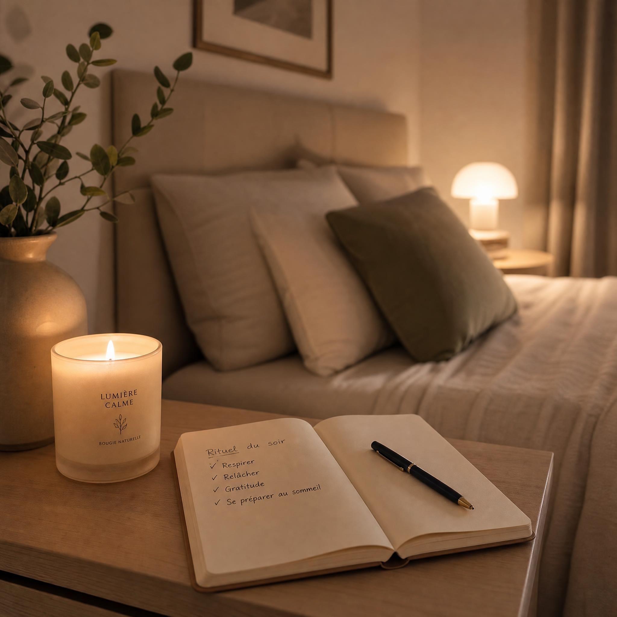 Chambre apaisante aux tons neutres, bougie douce, carnet ouvert sur une table de nuit, lumière tamisée — ambiance rituel du soir et préparation au sommeil naturel