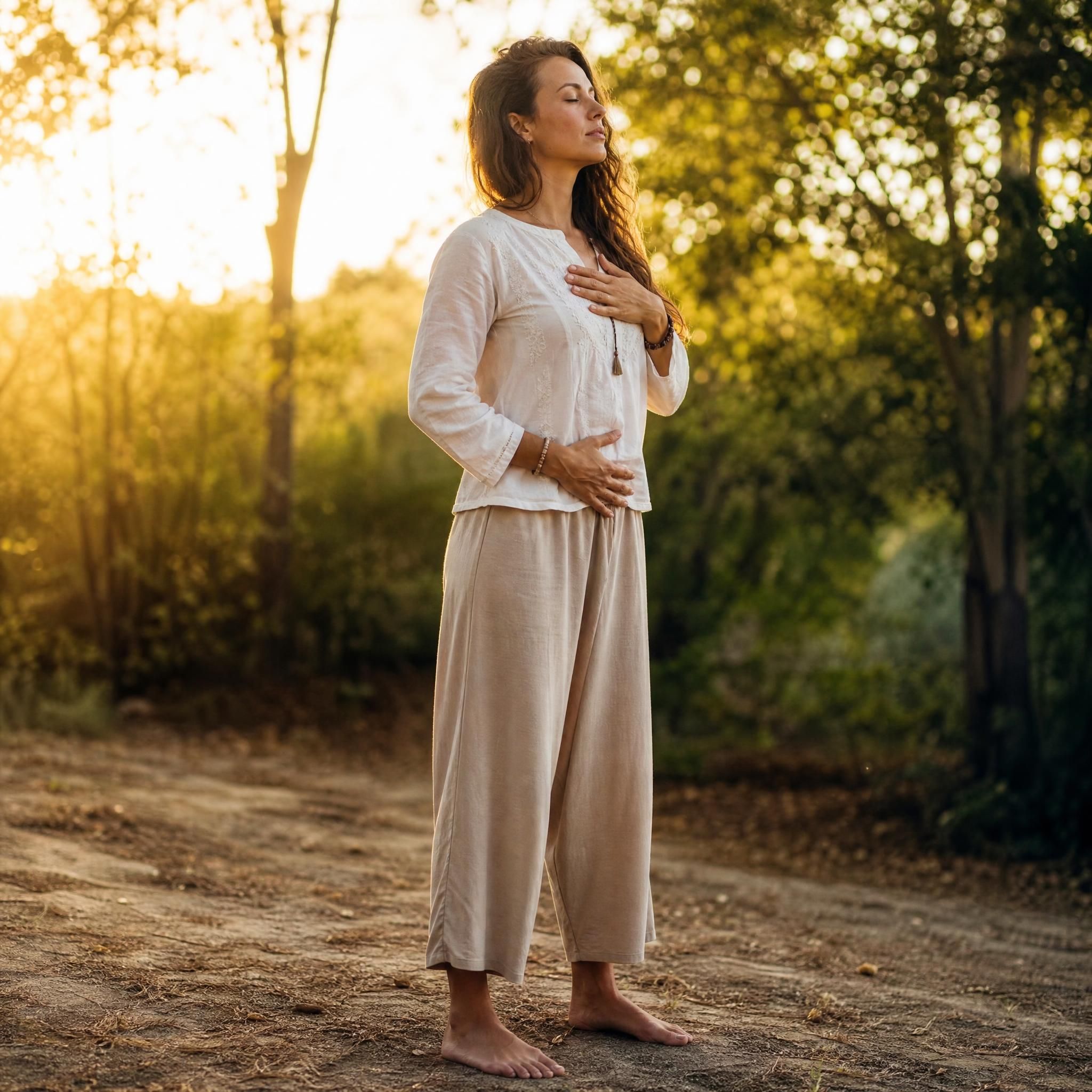 Femme debout pieds nus sur un sol naturel, yeux mi-clos, posture stable et ancrée, lumière dorée douce, ambiance de connexion corps-terre, style photographique réaliste et apaisant