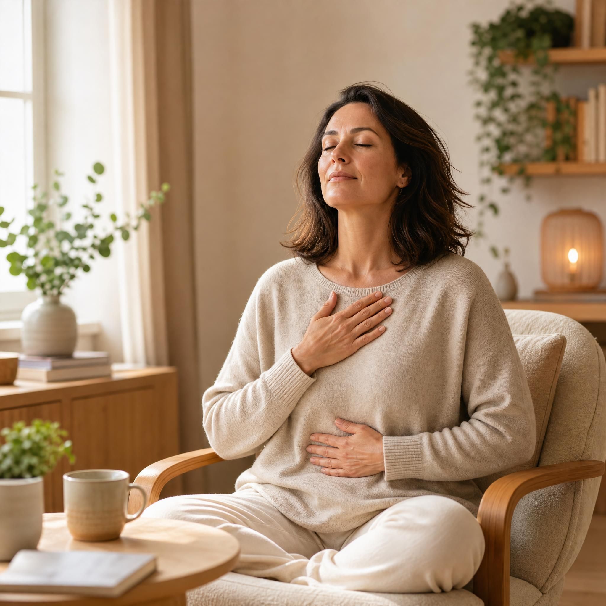 Femme d'environ 40 ans, yeux fermés, visage serein, assise dans un fauteuil chaleureux, pratiquant un exercice de respiration profonde, lumière naturelle douce, tons beige et bois clair
