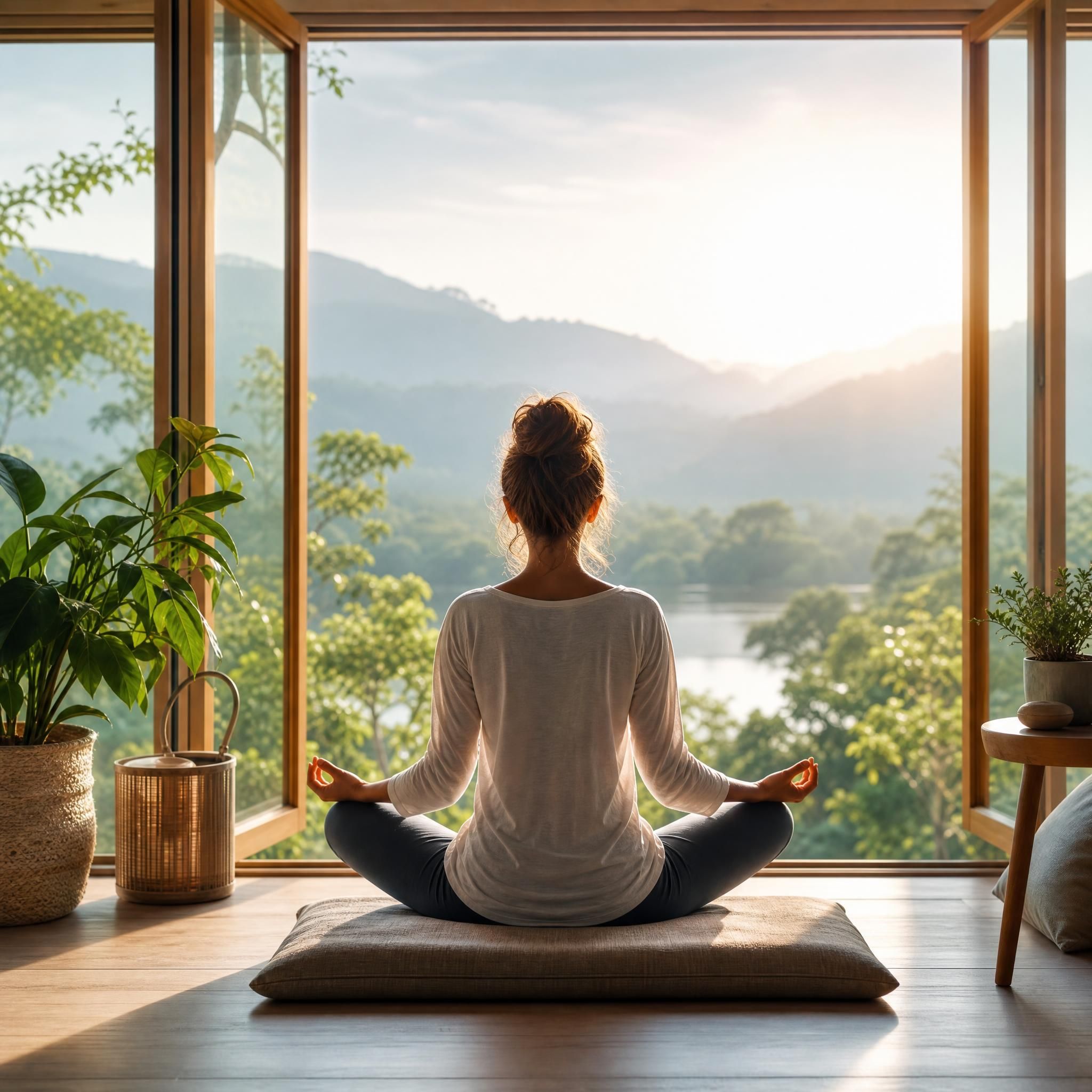Vue de dos d'une personne assise en méditation face à une fenêtre ouverte sur la nature, lumière matinale douce, posture détendue et stable, symbolisant l'autonomie et la paix intérieure