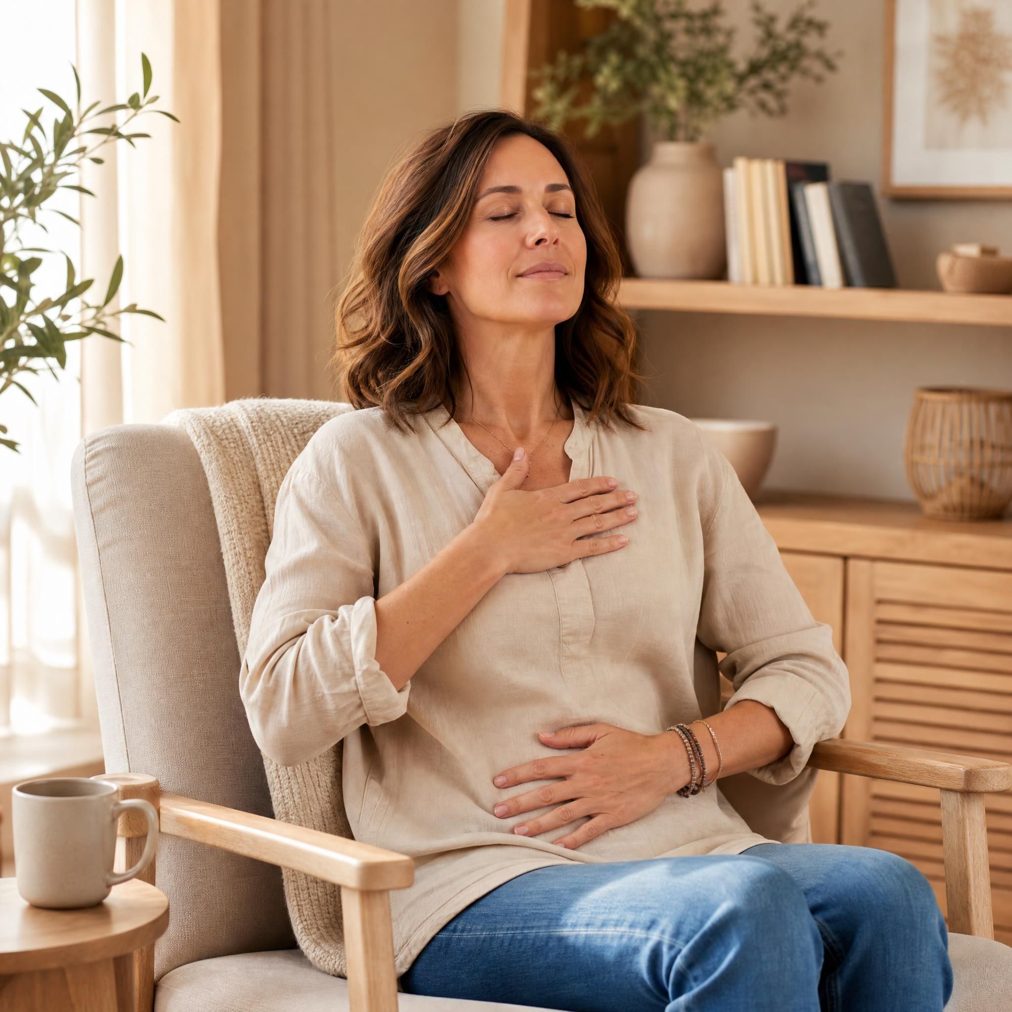 Femme d'environ 40 ans, yeux fermés, visage serein, assise confortablement dans un fauteuil, pratiquant un exercice de respiration profonde dans un espace chaleureux aux tons beige et bois clair, lumière naturelle douce