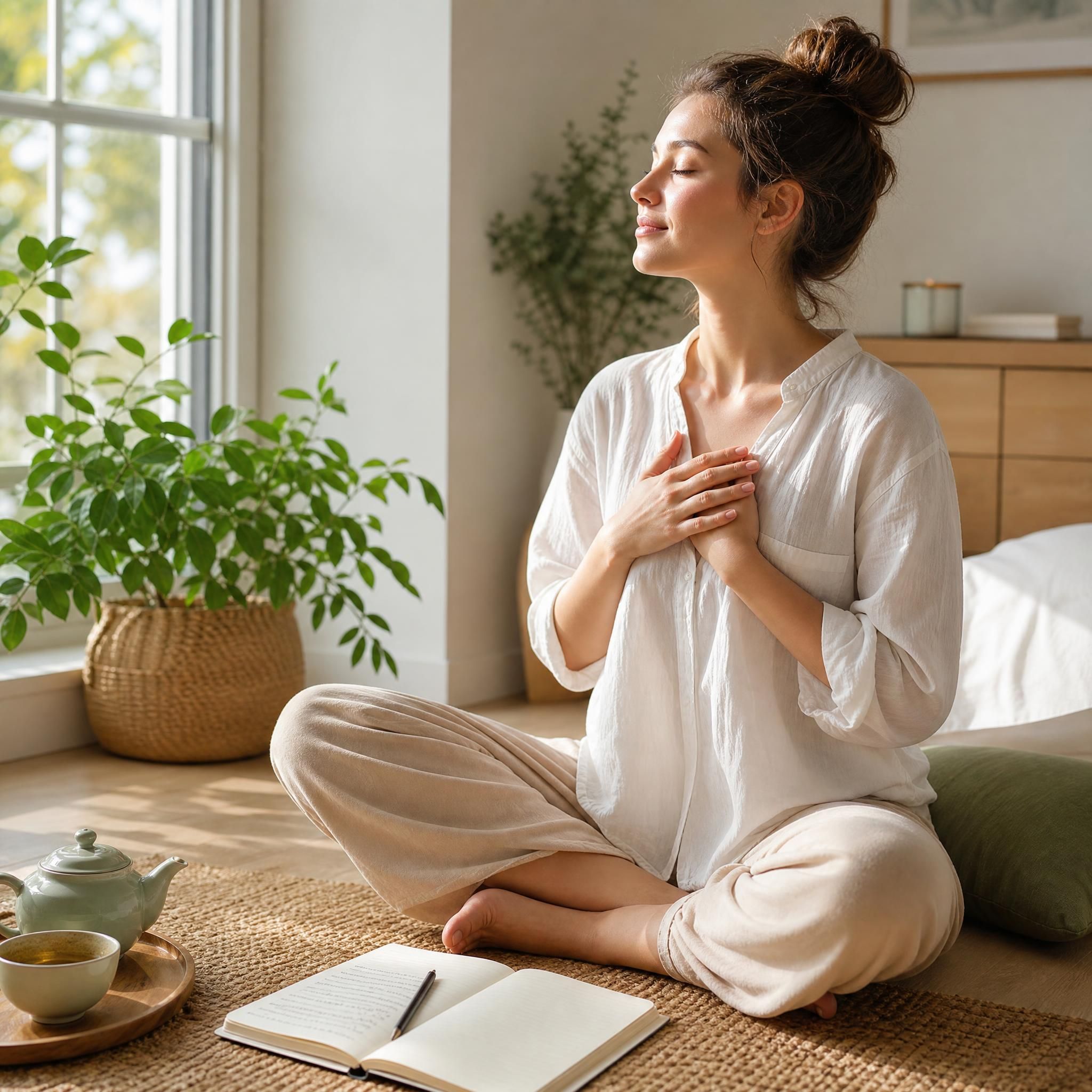 Femme pratiquant un moment de relaxation matinale à la lumière du jour, carnet ouvert à côté d'elle, tasse de thé, atmosphère douce et sereine, tons naturels