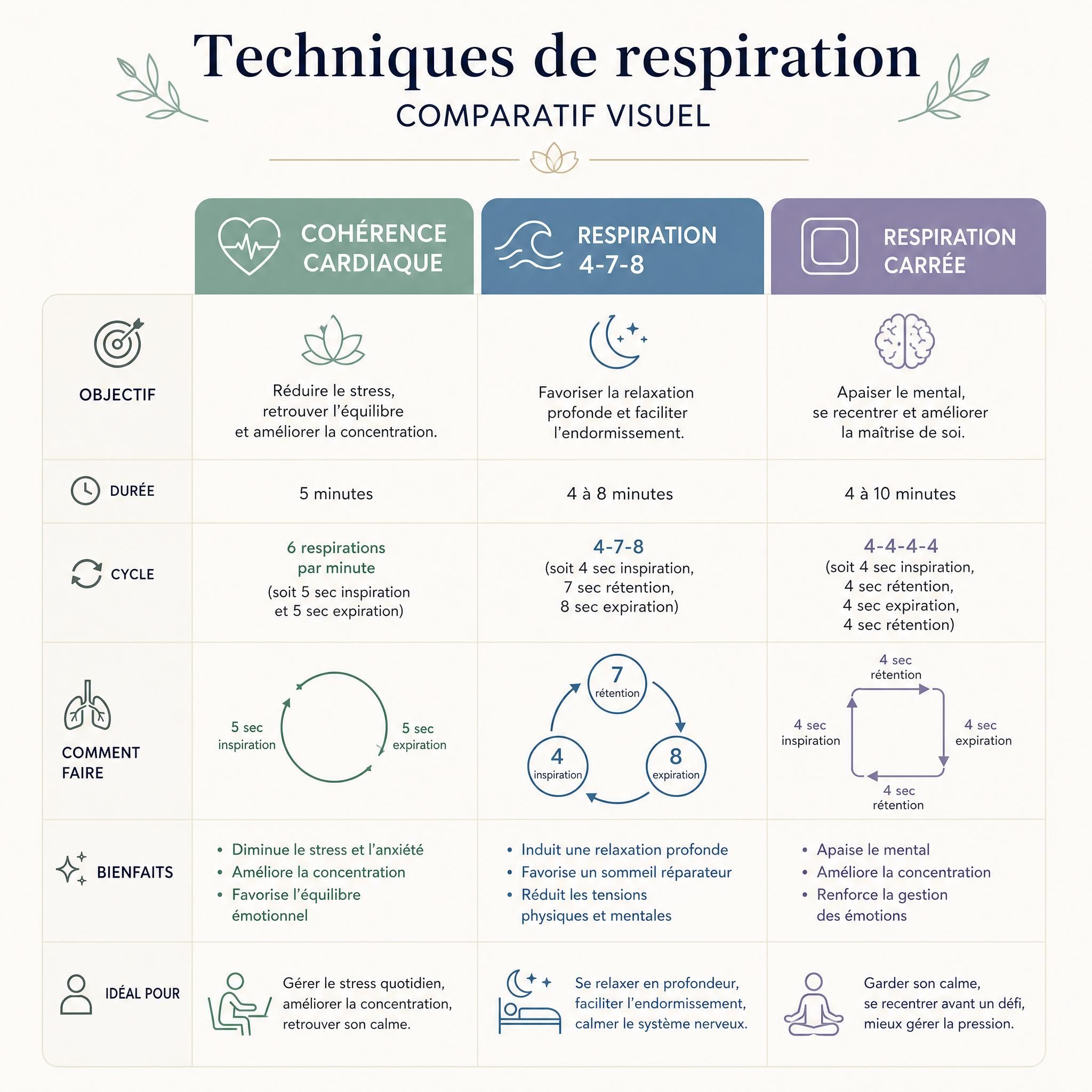 Tableau comparatif visuel des techniques de respiration — cohérence cardiaque, respiration 4-7-8, respiration carrée — avec icônes apaisantes sur fond blanc cassé