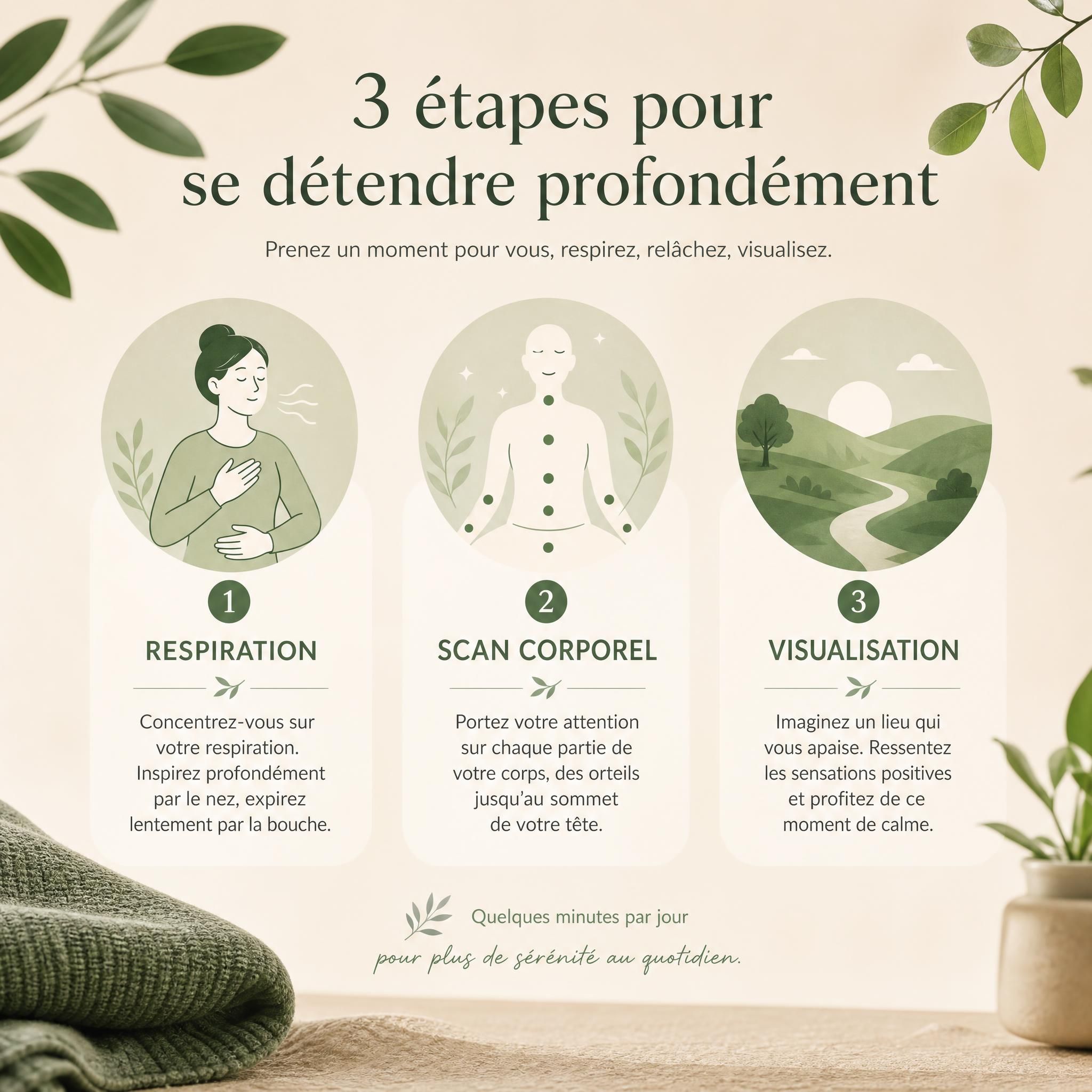 Illustration apaisante montrant trois étapes de relaxation — respiration, scan corporel et visualisation — représentées par des icônes douces sur fond beige et vert naturel