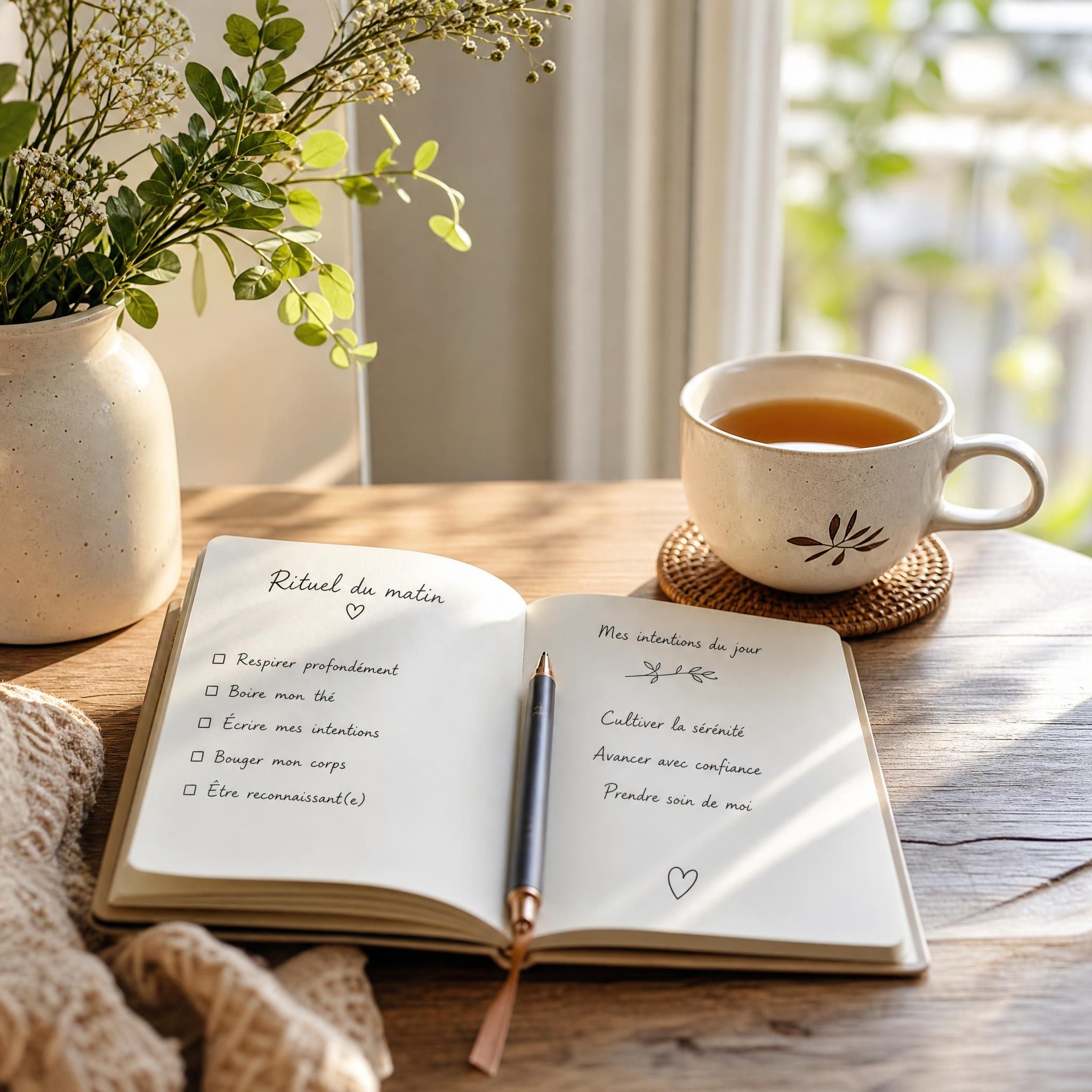 Carnet de notes ouvert sur une table en bois avec une tasse de thé, ambiance matinale douce, lumière naturelle, symbolisant le rituel de bien-être quotidien