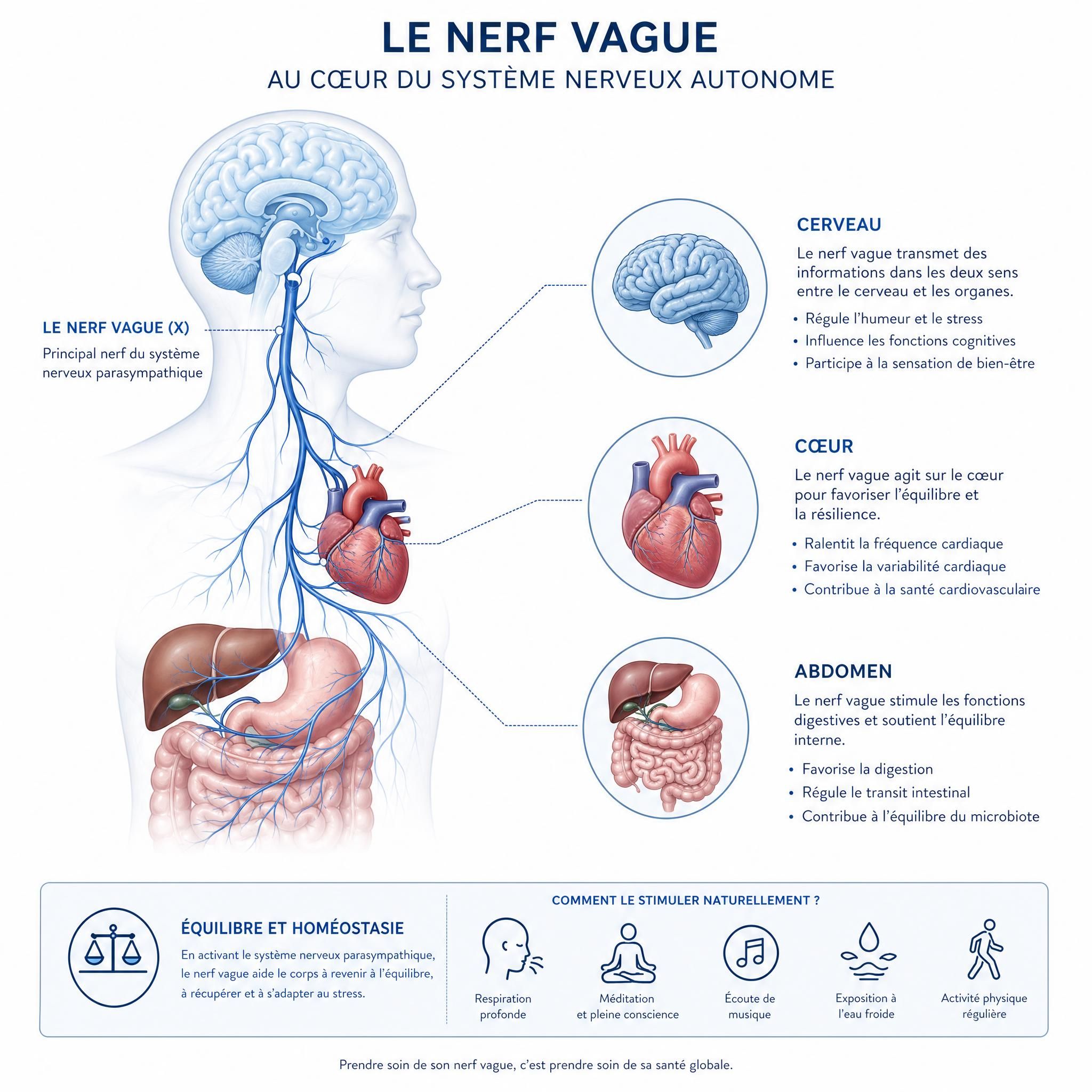 Illustration scientifique du système nerveux autonome avec le nerf vague reliant cerveau, cœur et abdomen, fond blanc épuré et tons bleus apaisants