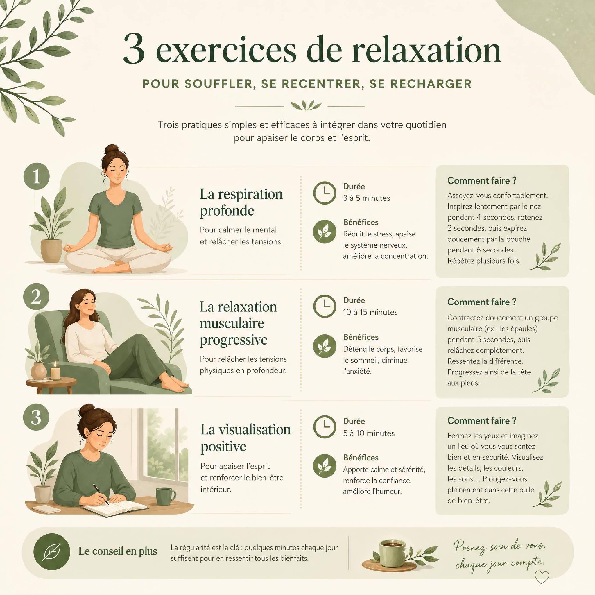 Infographie apaisante récapitulant les 3 exercices de relaxation avec leurs durées et bénéfices, sur fond beige et vert naturel, style illustration douce et professionnelle