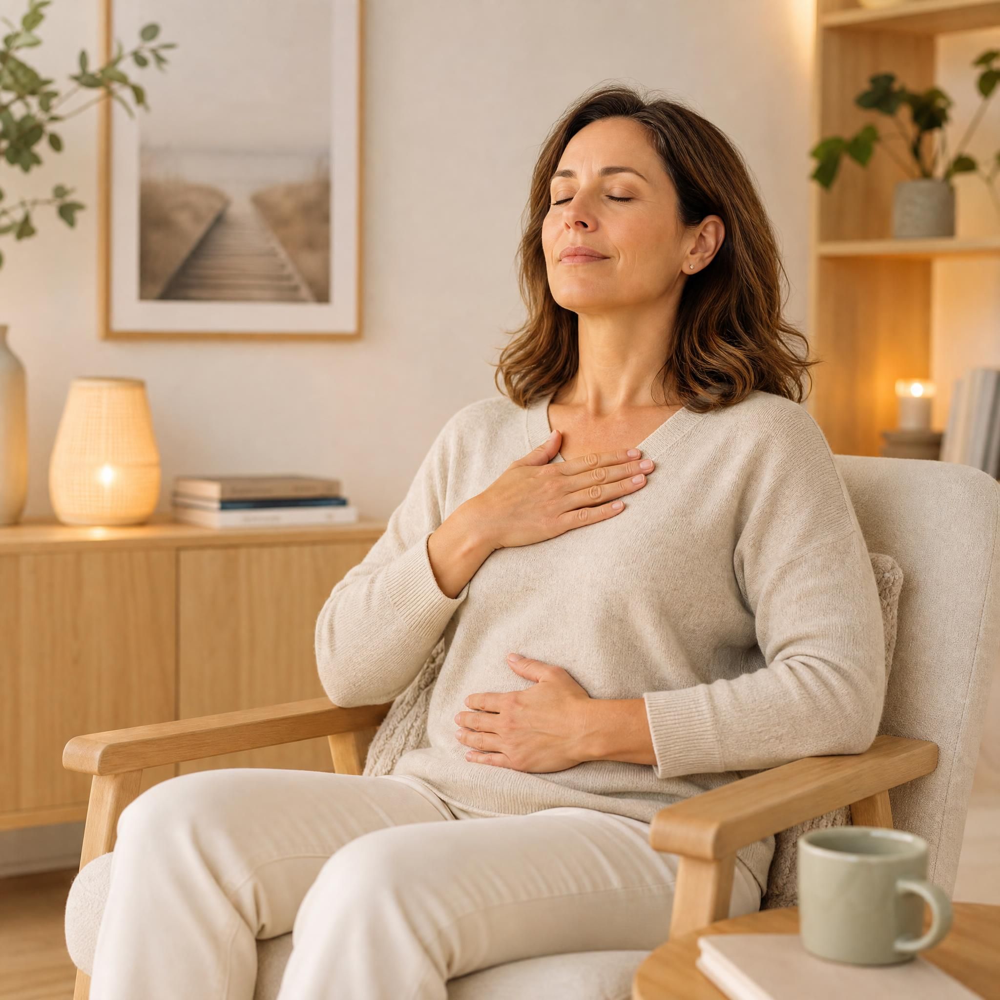 Femme d'environ 40 ans, yeux fermés, visage serein, assise dans un fauteuil, pratiquant un exercice de respiration profonde dans un espace intérieur chaleureux aux tons beige et bois clair