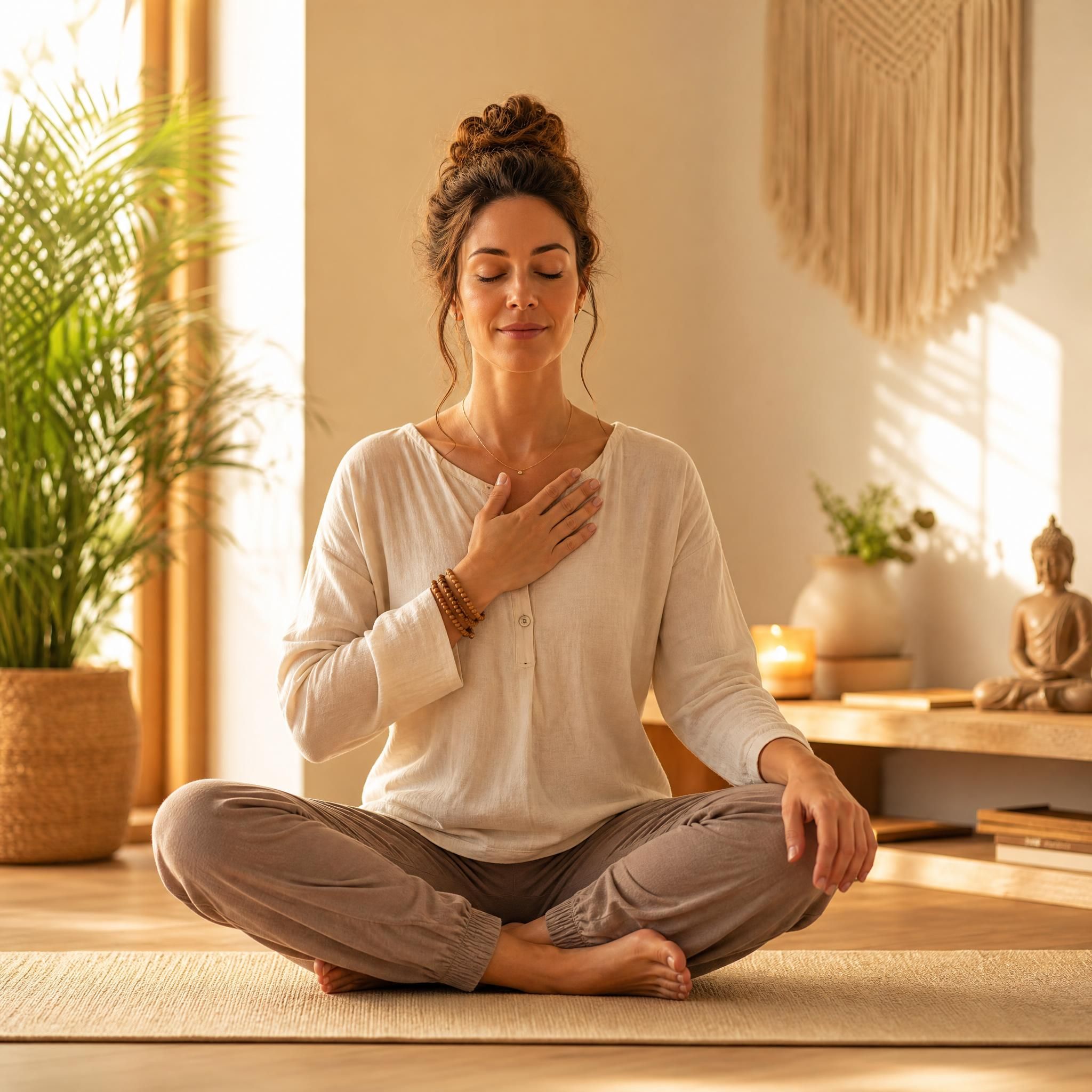 Femme assise en tailleur sur un tapis de méditation, main sur le cœur, expression sereine et concentrée, lumière dorée douce, espace intérieur chaleureux