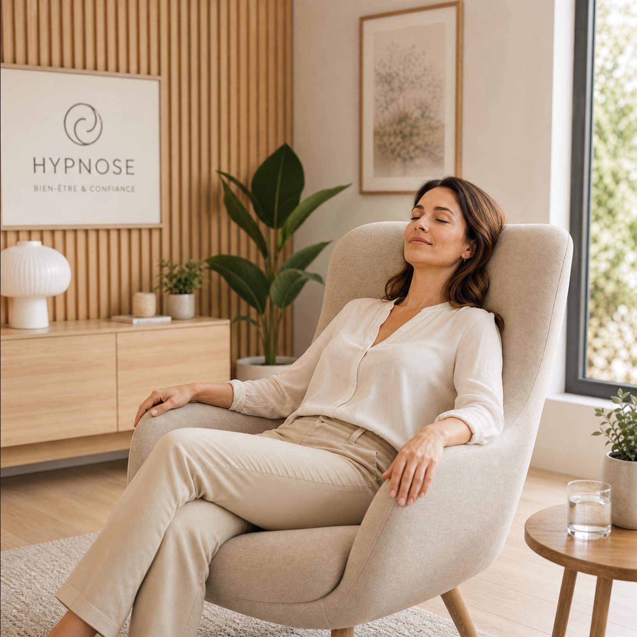 Femme détendue dans un fauteuil confortable, épaules relâchées, yeux fermés, dans un cabinet d'hypnose moderne aux tons beige et bois clair, lumière naturelle douce