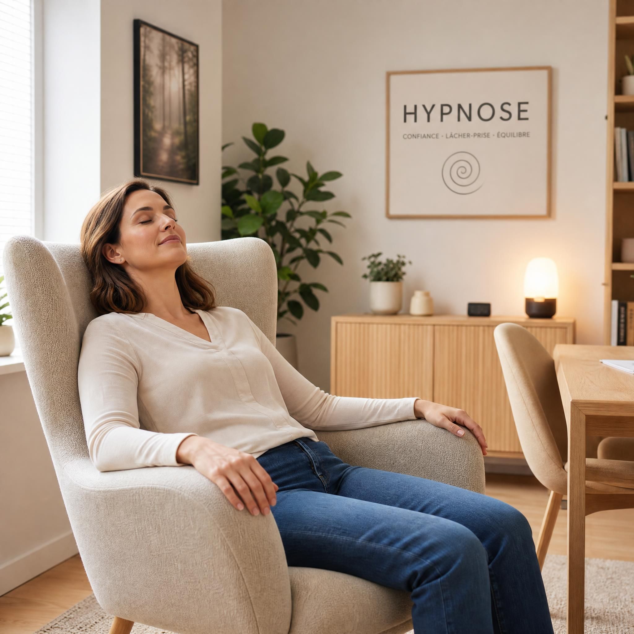 Femme détendue dans un fauteuil confortable, yeux fermés, épaules relâchées, lumière naturelle douce, cabinet d'hypnose moderne aux tons beige et bois clair